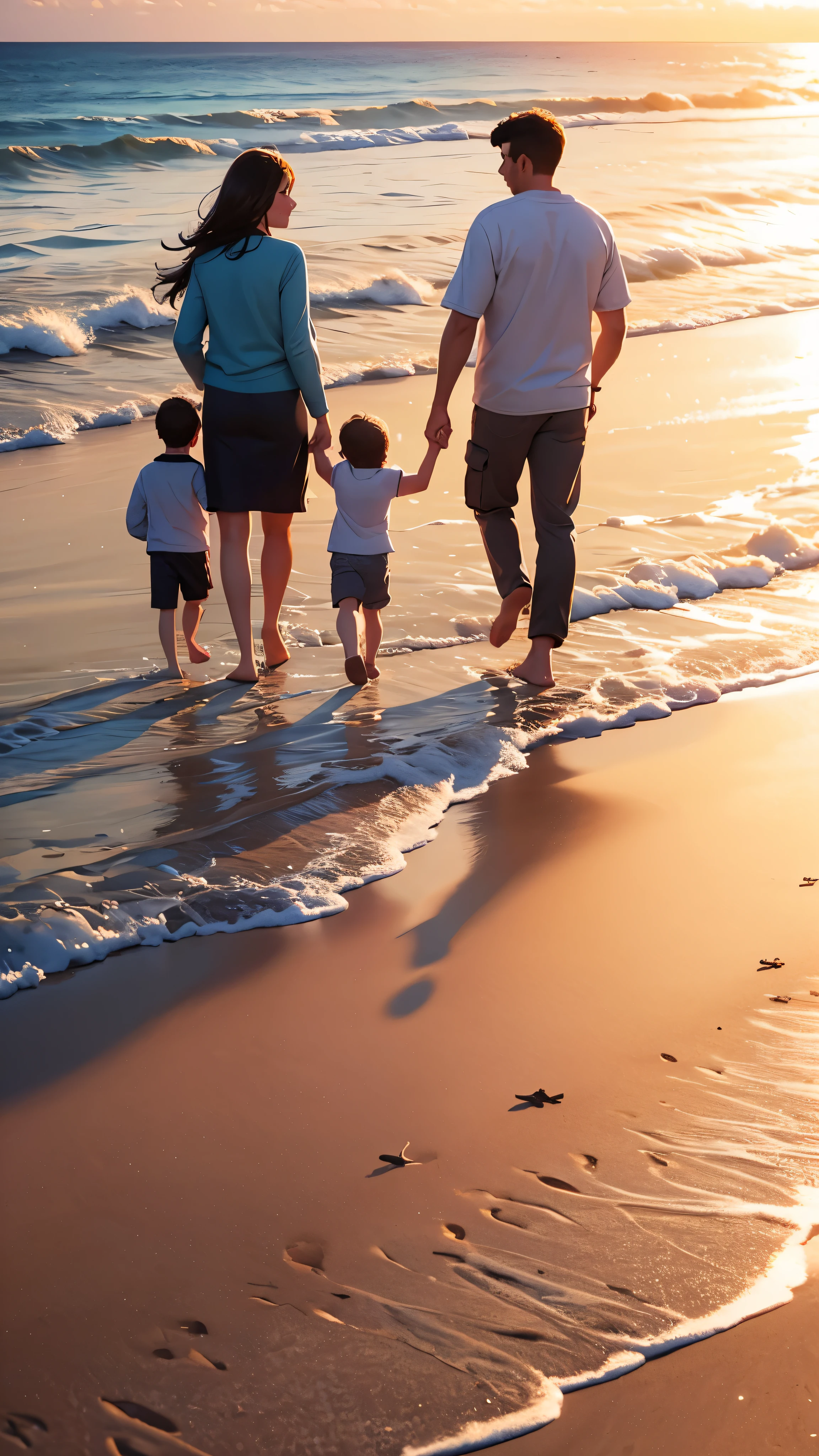 A family of four walks along the sandy beach towards the sunset.
