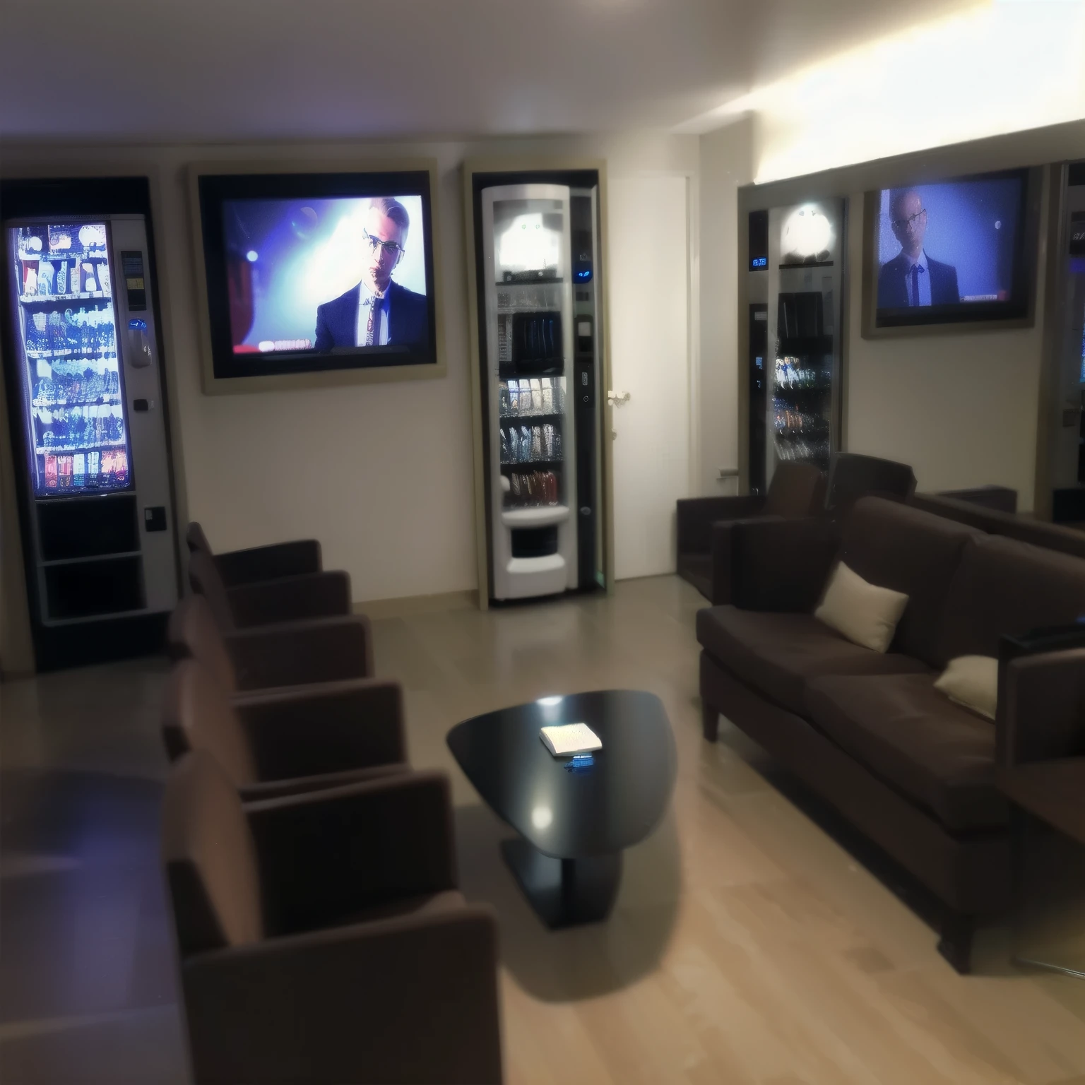 store lounge with vending machine, blue light and coffee tables.