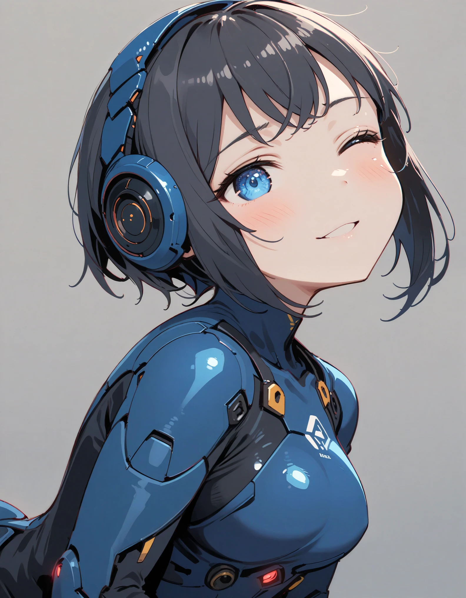 best quality, absurdres, (ultra high res), 1girl, solo, sexrobot, blushing, shy, wide hips, thick thighs, mechanical bodysuit, cyber helmet, round butt, cameltoe, blue armor, (blue latex bodysuit), closed eyes, smirk smile, shy, blush, all fours, looking back, science fiction, from behind, (cinematic lighting), (simple gray background), fullbody view