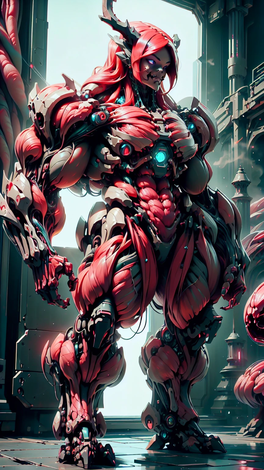 Cinematic, clear facial features and insanely detailed, the image captures the essence of (1 girl), (megan fox:1.25), (long red hair), (carnage skinless bio-mecha:1.25), (1 super muscular undead skinless succubus with gigantic horns:1.25), (covered in red necrotic skinless bio-mecha muscle:1.25), (exposed muscles & veins everywhere:1.25), (perfect fingers:1.25) (full body pose:1.25). The color grading is beautifully done, enhancing the overall cinematic feel. Unreal Engine makes her appearance even more mesmerizing. With depth of field (DOF), every detail is focused and accentuated, drawing attention to her eyes and hair. Peak image resolution utilizing super-resolution technology ensures pixel perfection. Cinematic lighting enhances her aura, while anti-aliasing techniques like FXAA and TXAA keep the edges smooth and clean. Adding realism to the muscular bio-mecha succubus , RTX technology enables ray tracing. Additionally, SSAO (Screen Space Ambient Occlusion) gives depth and realism to the scene, the girl's presence even more convincing. In the post-processing and post-production stages, tone mapping enhances the colors, creating a captivating visual experience. The integration of CGI (Computer-Generated Imagery) and VFX (Visual Effects brings out her demonic features seamlessly . Incredible level of detail, with intricate elements meticulously crafted, the artwork hyper maximalist and hyper-realistic. Volumetric effects add depth and dimension, with unparalleled photorealism. 8k resolution rendering ensures super detailed visuals. The volumetric lighting adds a touch of magic, highlighting her beauty and aura in an otherworldly way. High Dynamic Range (HDR) tech makes the colors pop, adding richness to the overall composition. Ultimately, this artwork presents an unreal, yet stunningly real portrayal of an incredibly beautiful bio-mecha succubus girl. The sharp focus ensures that every feature is crisply defined, creating a captivating presence. (girl face:1.45)