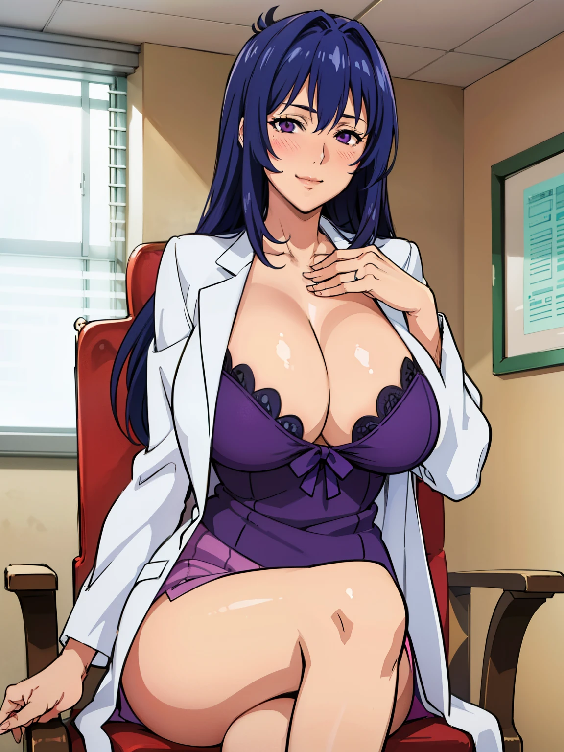 showing her under wear, sitting at chair, open her legs, pink dress, lab coat, at labroom, NJAkiV4, takeda hiromitsu style, anime cels style, best quality, high resolution, (gigantic breasts:1.3), cowboy shot, blush, smiling, (purple eyes), blue hair, long hair, mature women