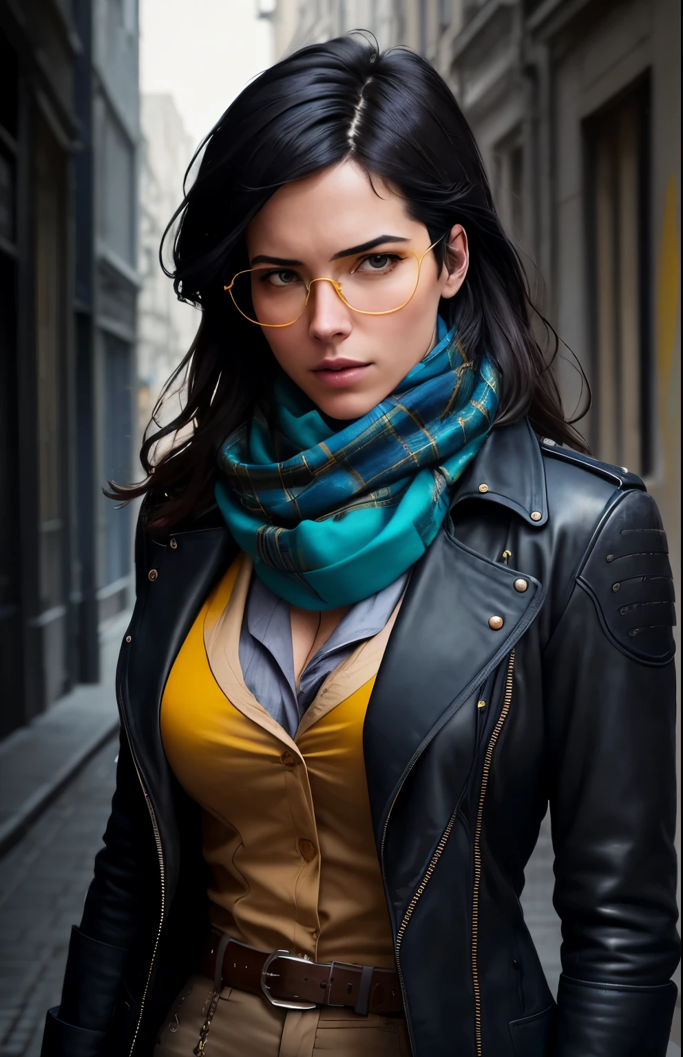 (plan clair:1.1), Realistic Epic, portrait d&#39;aureole, des lunettes de soleil, yeux bleus, tartan scarf, cheveux bleu turquoise par Atey Ghailan, by greg Rutkowski, par Greg Tocchini, par James Gillard, par Joe Fenton, par Kaethe Butcher, Gradient yellow, noir, steampunk aesthetic blue and yellow color scheme!!! fond de mur de tag graffiti, art by greg Rutkowski and artgerm, soft cinematic light, Adobe Lightroom, laboratoire photo, hdr, Complexe, Very detailed, (profondeur de champ:1.4), faded, (couleurs neutres:1.2), (hdr:1.4), (couleurs sourdes:1.2), hyperdetailed, (ArtStation:1.4), cinematic, warm lights, Dramatic light, (Complexe details:1.1), contexte complexe, (Rutkowski:0.66), (bleu sarcelle et orange:0.4)