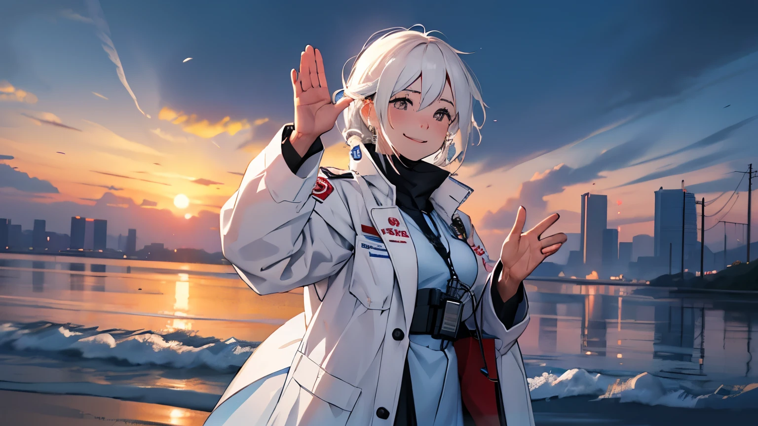 The mother of an emergency worker wears a white coat and smiles, holding back tears.、Waving at me It was evening and I was standing a little far away.