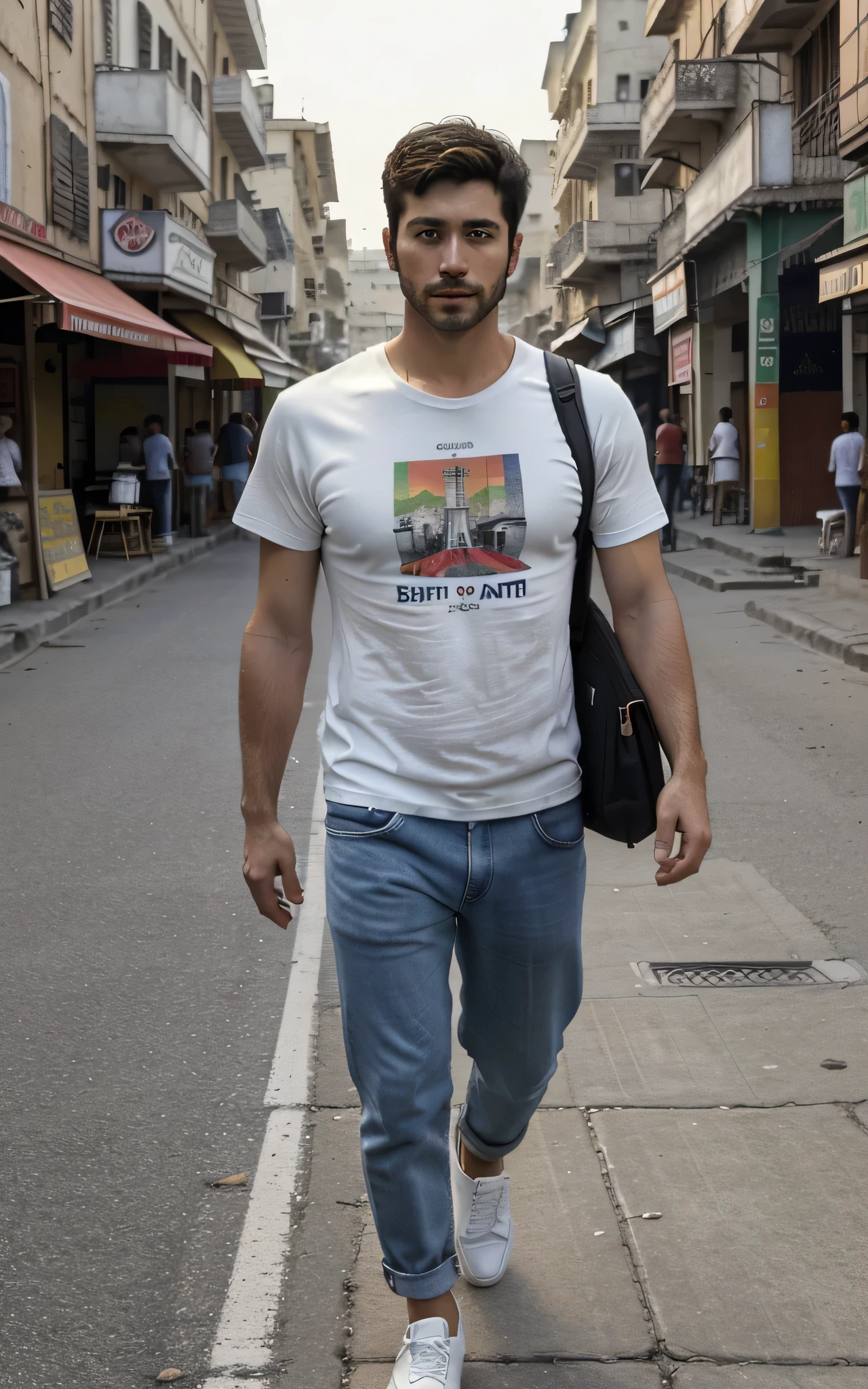 (RAW photo, best quality, highest quality, masterpiece:1.2), (realistic, photo-realistic:1.37), ultra high res, (1 man 32 year's old, light french cut, Russian handsome:2.0), (summer night:1.3), (white neck plain Tee-shirt, regular fit baggy Tee-shirt, Black torn damage regular fi jeans:1.3), (walking on a street,wide road:1.4), high rise buildings, traffic, cars, yellow cabs behind, sunny weather, bikes, cars, buses, walking style, summer sunshine atmosphere, full body, red sneakers shoes, model style Posing, carrying travel bag on shoulder, (focus face:1.3), (high contrast:1.1), (detailed background:1.3), dynamic pose, intricate detail, delicate pattern, (vibrant, colorful:1.3), (high sharpness), middle eastern guy, fashion posing, short black hairstyle, plain regular fit lose Tee-shirt no printing on Teeshirt, light french beared, Turkish boy in tourist style, walking at sadder Karachi, empress market. .