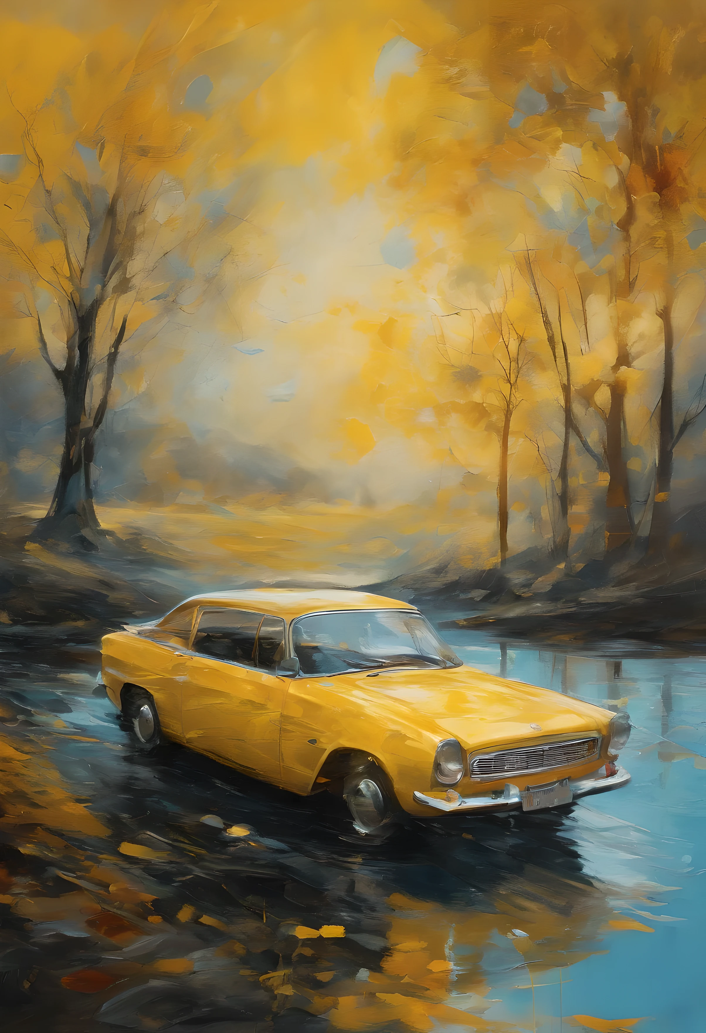 (best quality,4k,8k,highres,masterpiece:1.2),ultra-detailed,(realistic,photorealistic,photo-realistic:1.37),Edvard Munch art style,yellow car driving on water,color palette(yellow,red,beige,light blue,black,gold,silver,scarlet),water reflection,expressive brushstrokes,emotional atmosphere,dramatic lighting,ethereal background,abstract patterns,impressionistic composition,distinctive artistry,mysterious ambiance,haunting beauty,whimsical elements,interplay of light and shadow,depth of emotions,rich symbolism,surrealistic touch,contrasting textures,eerie tranquility,ethereal color contrasts,dynamic movement,striking visual impact,dreamlike scenery