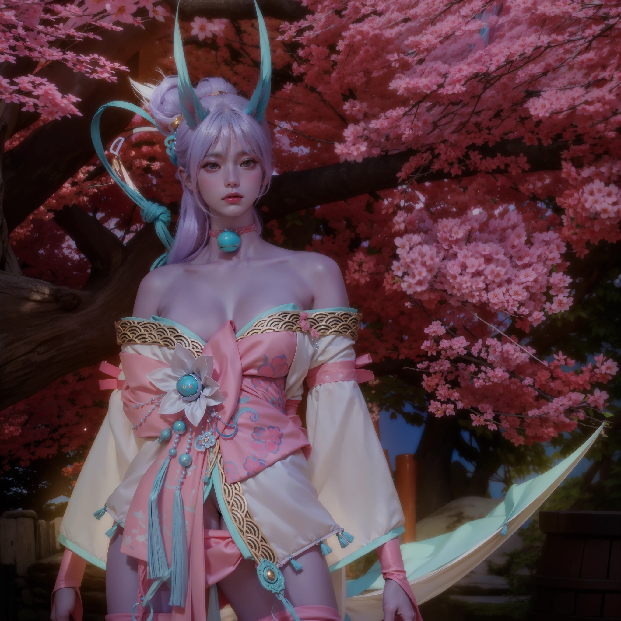il y a une femme en costume debout sous un arbre, Sakura season dynamic lighting, inspired by Ren Renfa, Pale and colorful kimono, Sakura kinomoto, cheveux blanc et yeux cyan, japanese goddess, Sakura petals around her, tenue fantastique, la divinité non binaire du printemps, flowing Sakura-colored silk, Sakura, je vais