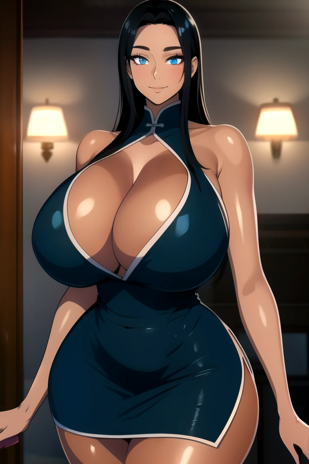 masterpiece, best quality, absurdres, 8k, perfect shadows,perfect lighting,hdr, cowboy shot,shiny skin,skindentation, beautiful body, NamiFinal, ((black hair: 1.4)), long hair, blue eyes, (chinese dress, miniskirt,curvy, thighs, cleavage, highheels, shiny clothes, skin tight), complex detailed background, inside, luxury palace) (gigantic breasts,hourglass body, thin waist,very slim waist)extremely detailed face,detailed eye makeup, detail face, nice detailed eyes,nice hands, perfect hands (realistic pupils,realistic iris:1) heavy eye makeup,glowing eyes, Bright eyes,standing,standing at attention,(seductive smile), gigantic breasts, curvy, (( tan skin: 1.1))