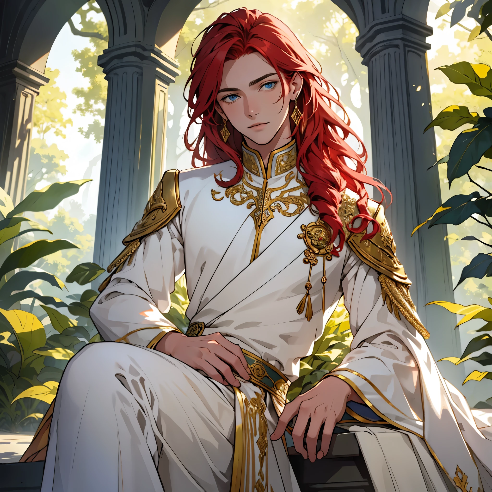 (highres,high quality,absurdres,finely detail:1.2),half-body solo of a young male figure with shoulder length red hair and piercing blue eyes, dressed in immaculate white clothes. The intricate details on the figure's attire showcase ornate embroidery and delicate lacework. The vibrant red hair contrasts beautifully with the crisp white outfit, adding an extra touch of color to the composition. The figure's pose exudes confidence and grace, with one hand resting casually on his hip. The background features a subtle gradient of soft pastel hues, providing a serene atmosphere. Warm sunlight filters through the leaves of nearby trees, casting dappled shadows on the figure and surrounding space. The overall lighting imbues the scene with an ethereal glow, enhancing the sense of surrealism and grandeur.