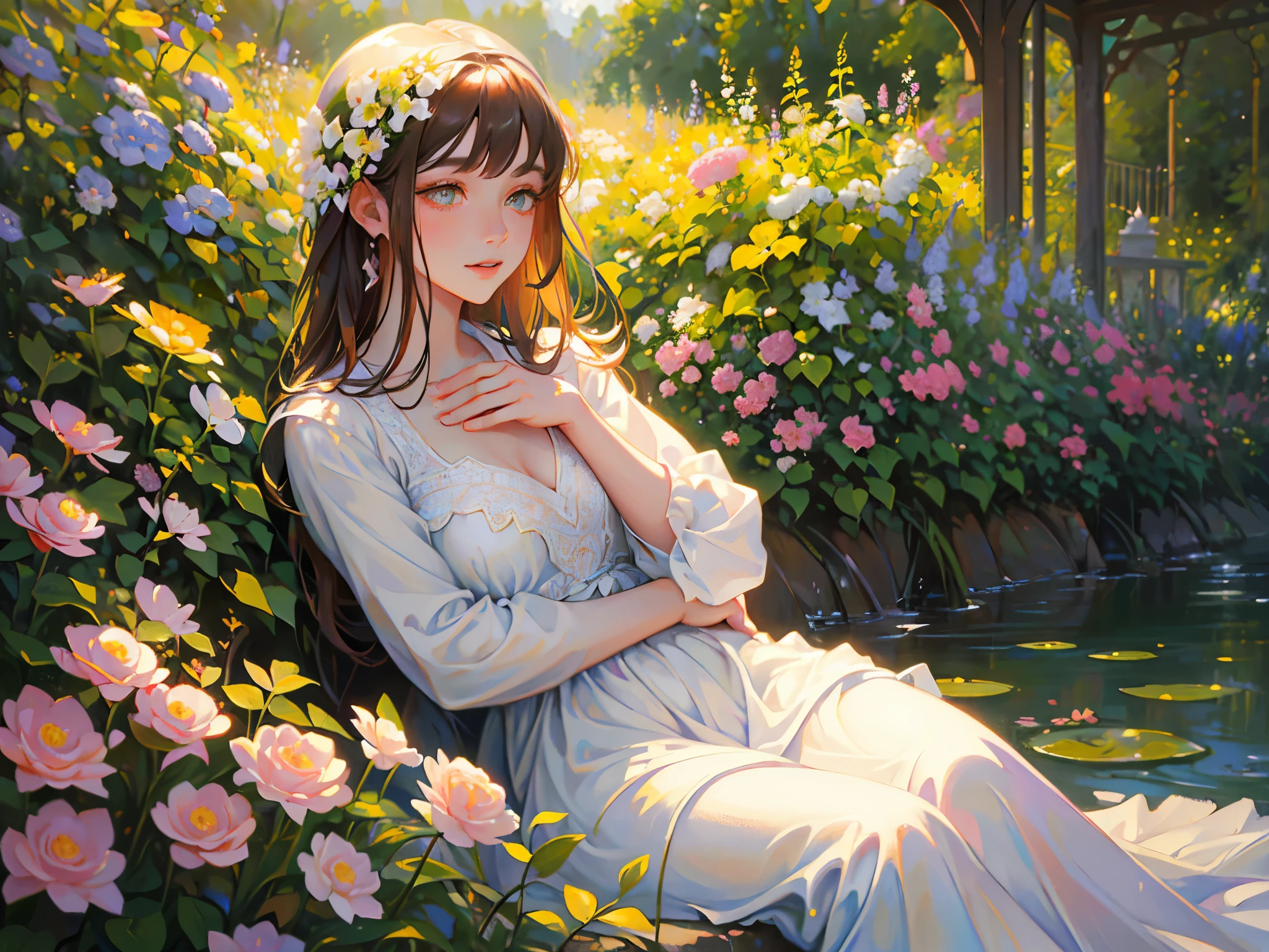 beautiful detailed eyes, beautiful detailed lips, extremely detailed eyes and face, long eyelashes, A girl in a garden, oil painting, vibrant colors, soft sunlight, flowers in bloom, flowing dress, peaceful atmosphere, medium:oil painting, best quality, sharp focus, HDR, vivid colors, bokeh