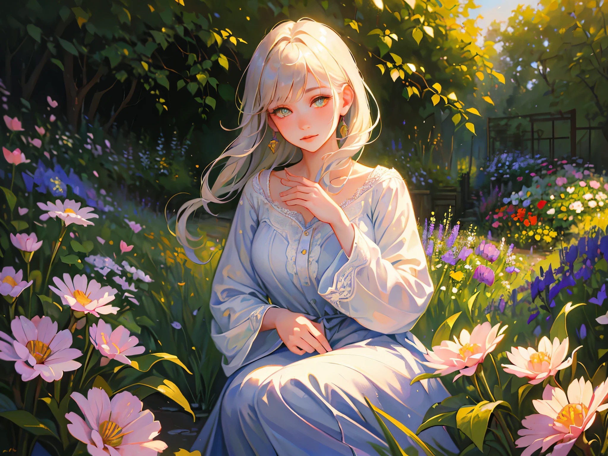 beautiful detailed eyes, beautiful detailed lips, extremely detailed eyes and face, long eyelashes, A girl in a garden, oil painting, vibrant colors, soft sunlight, flowers in bloom, flowing dress, peaceful atmosphere, medium:oil painting, best quality, sharp focus, HDR, vivid colors, bokeh