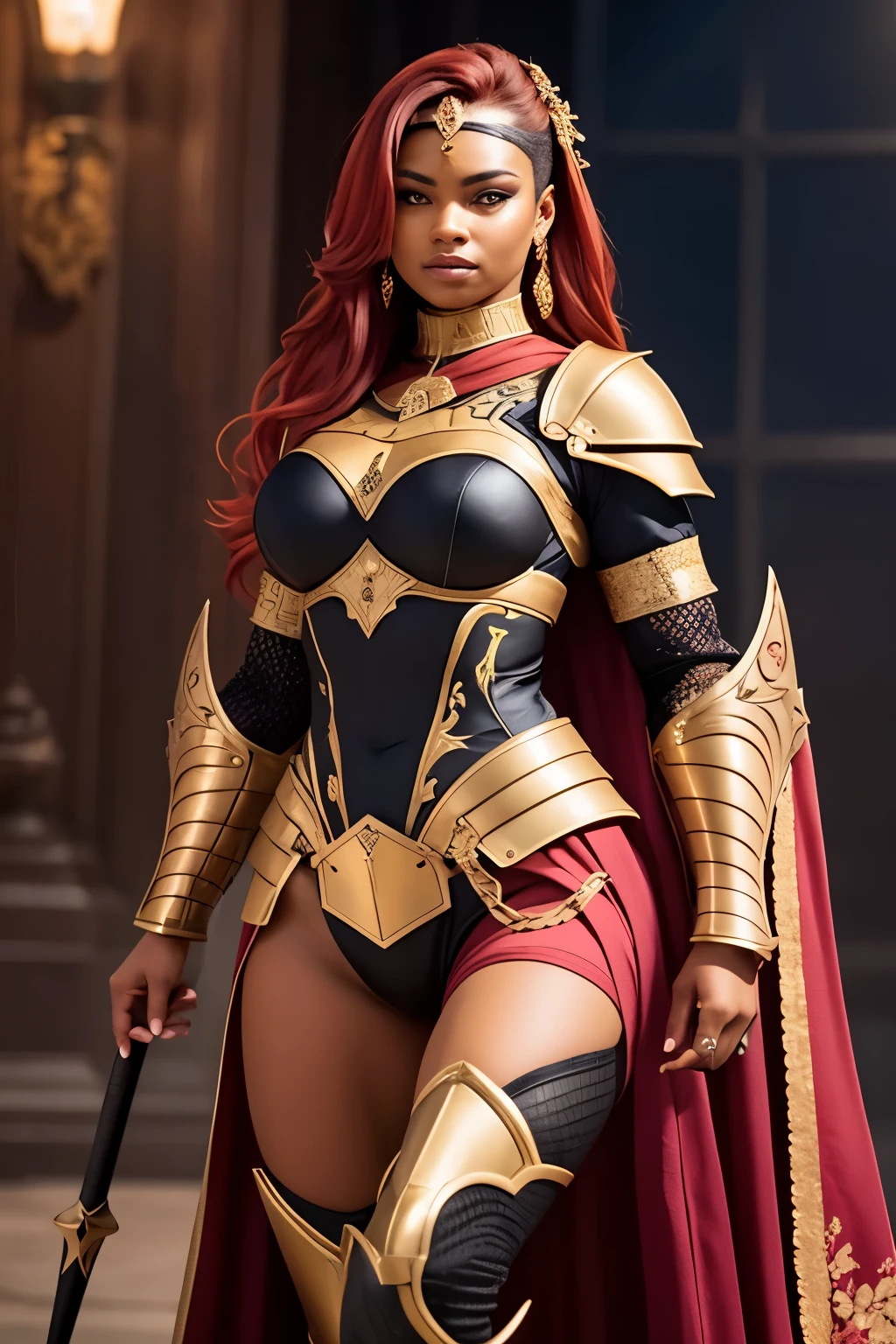 Create an image of a majestic warrior with beautiful dark skin and red hair, adorned in formidable armor. She should exude strength and beauty, with a confident and determined expression. Feel free to add additional details to the armor and the surroundings to complement her powerful presence. dark skin.