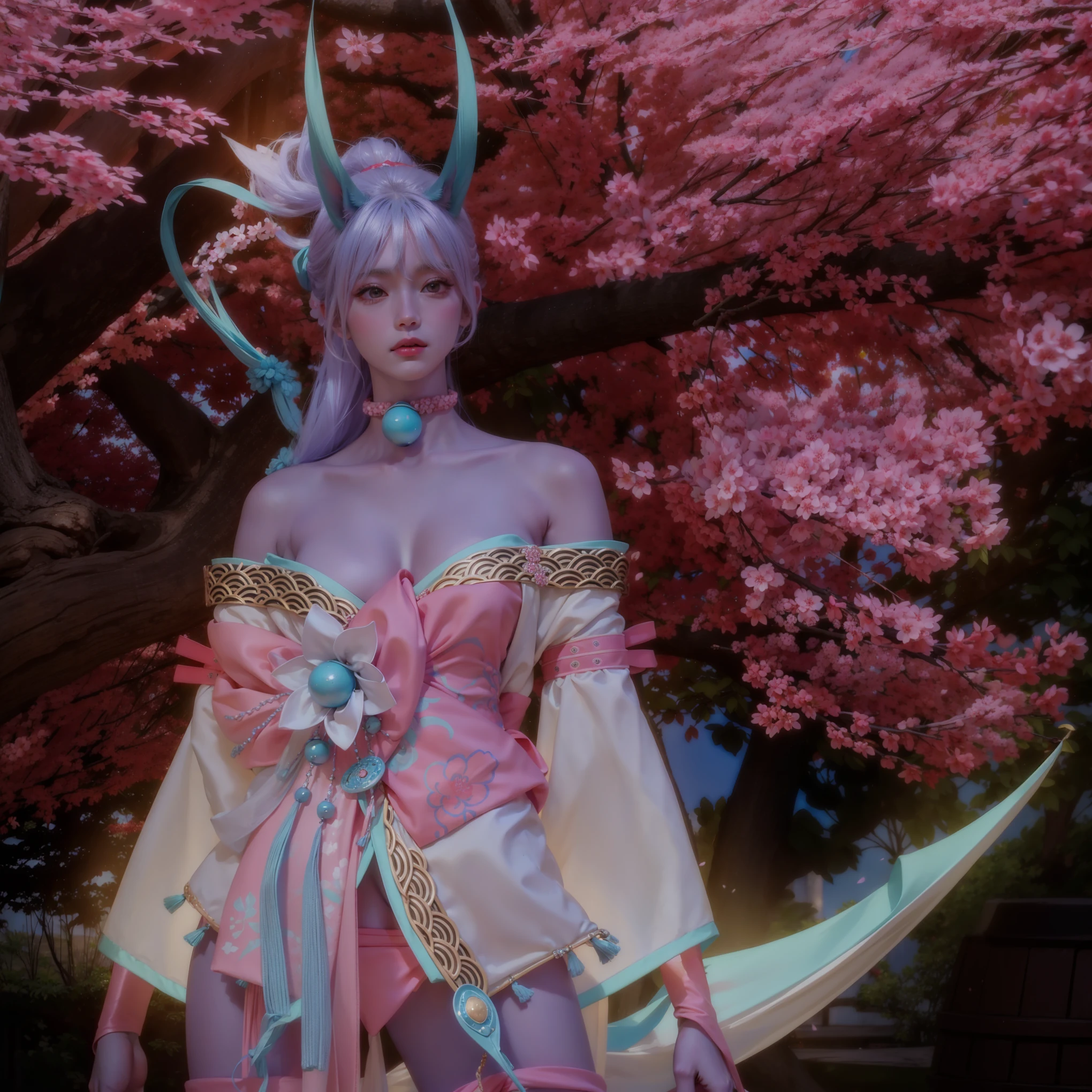 il y a une femme en costume debout sous un arbre, Sakura season dynamic lighting, inspired by Ren Renfa, Pale and colorful kimono, Sakura kinomoto, cheveux blanc et yeux cyan, japanese goddess, Sakura petals around her, tenue fantastique, la divinité non binaire du printemps, flowing Sakura-colored silk, Sakura, je vais