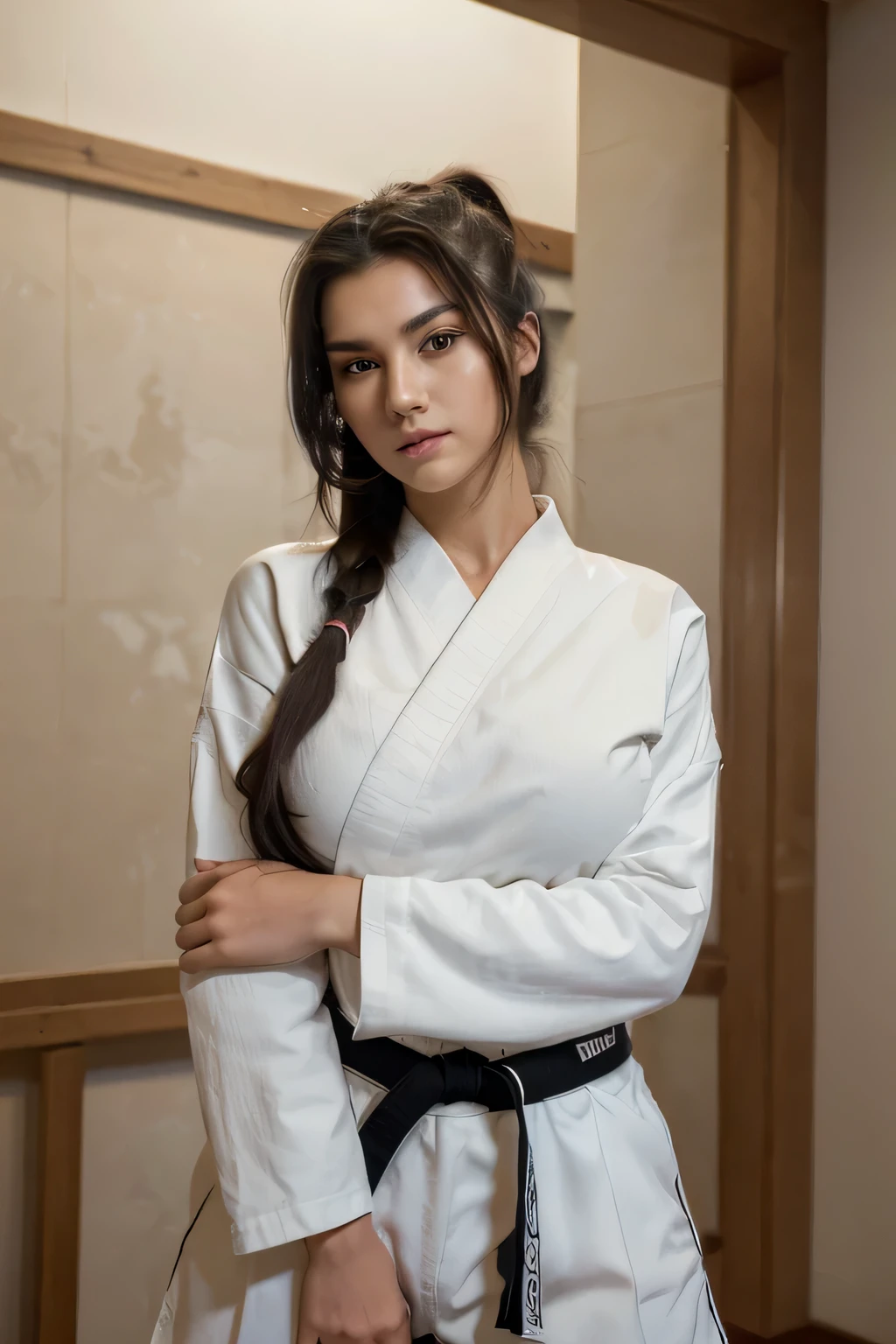 (((Masterpiece, highest quality, high definition, high detail)))), 21year old girl, beautiful, big tits, black hair color, long hair, ponytail hair, long-sleeve,long trousers, Karate techniques, White Karate Uniform, Beautiful face, looking at the camera