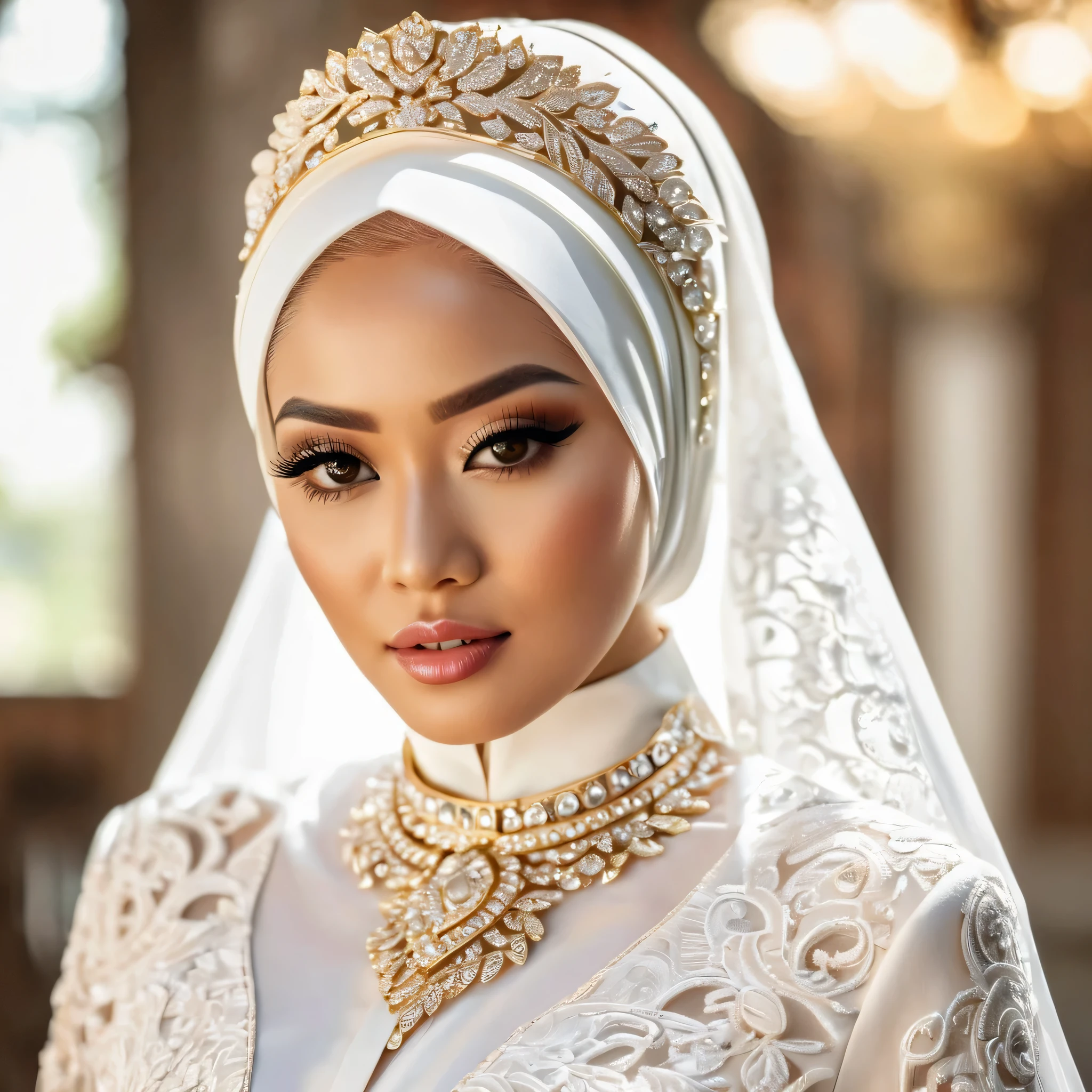 Woman with intricate hair ornament wearing a white hijab dress in modern Indonesia wedding, ultra realistic,32k,intricate details, sharp focus, realistic, closed, black eyes, jewelr, lips, realistic, looking_at_viewer, irene1, wet skin, shiny skin, long sleeves, indonesian muslim clothes, hijab, sunda, sundanese, wedding, dynamic pose,(( kebaya)),full body,curvy body,long hair,beauty face