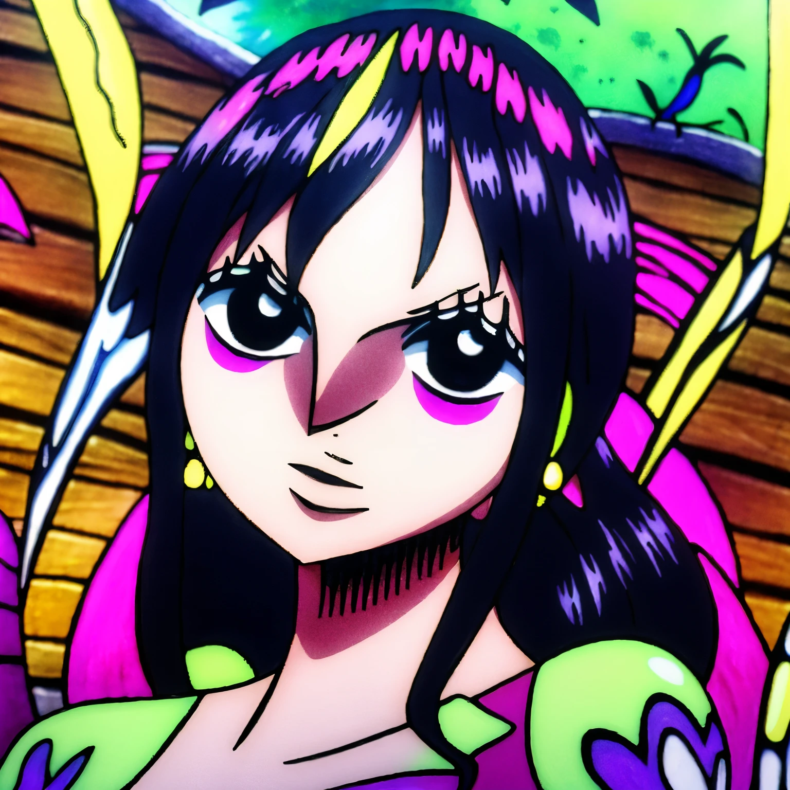 Mujer, hibrida de mariposa, colores morados