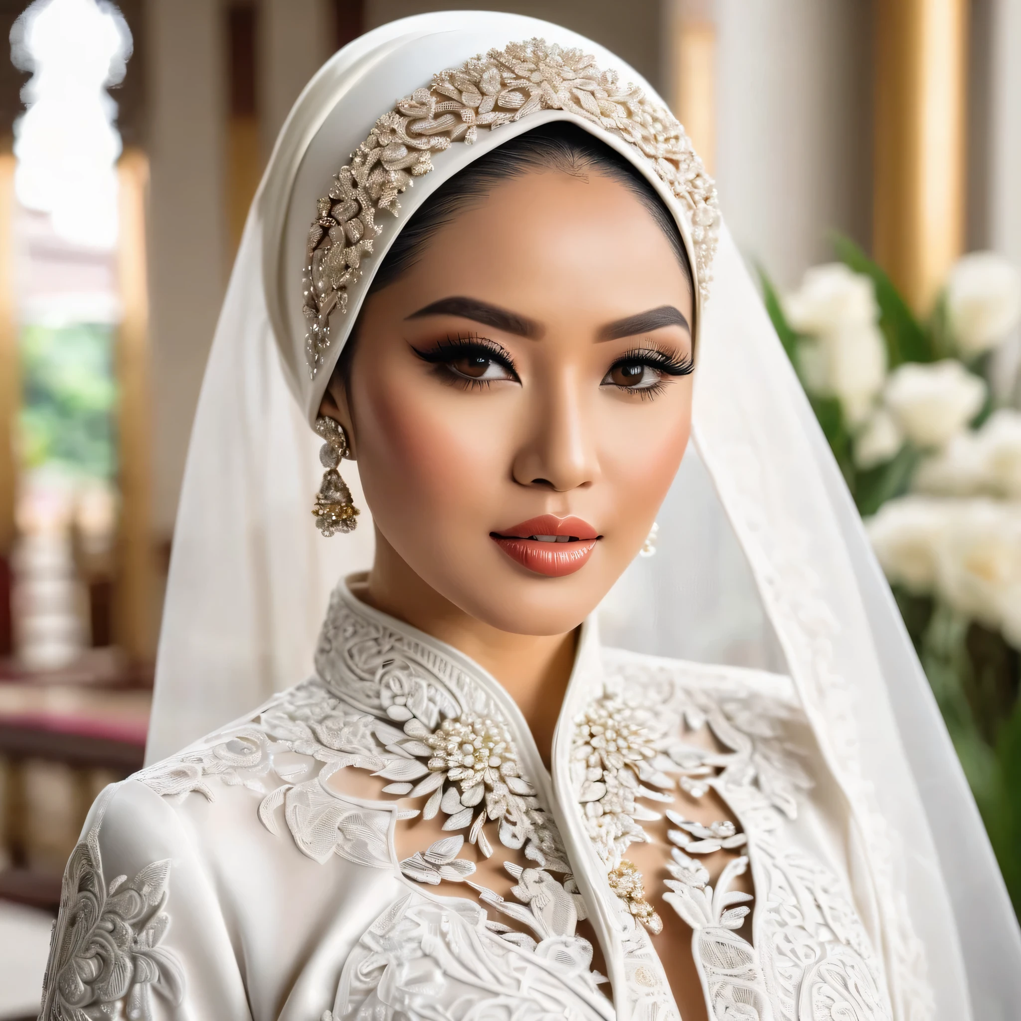 Woman with intricate hair ornament wearing a white hijab dress in modern Indonesia wedding, ultra realistic,32k,intricate details, sharp focus, realistic, closed, black eyes, jewelr, lips, realistic, looking_at_viewer, irene1, wet skin, shiny skin, long sleeves, indonesian muslim clothes, hijab, sunda, sundanese, wedding, dynamic pose,(( kebaya)),full body,curvy body,long hair,beauty face