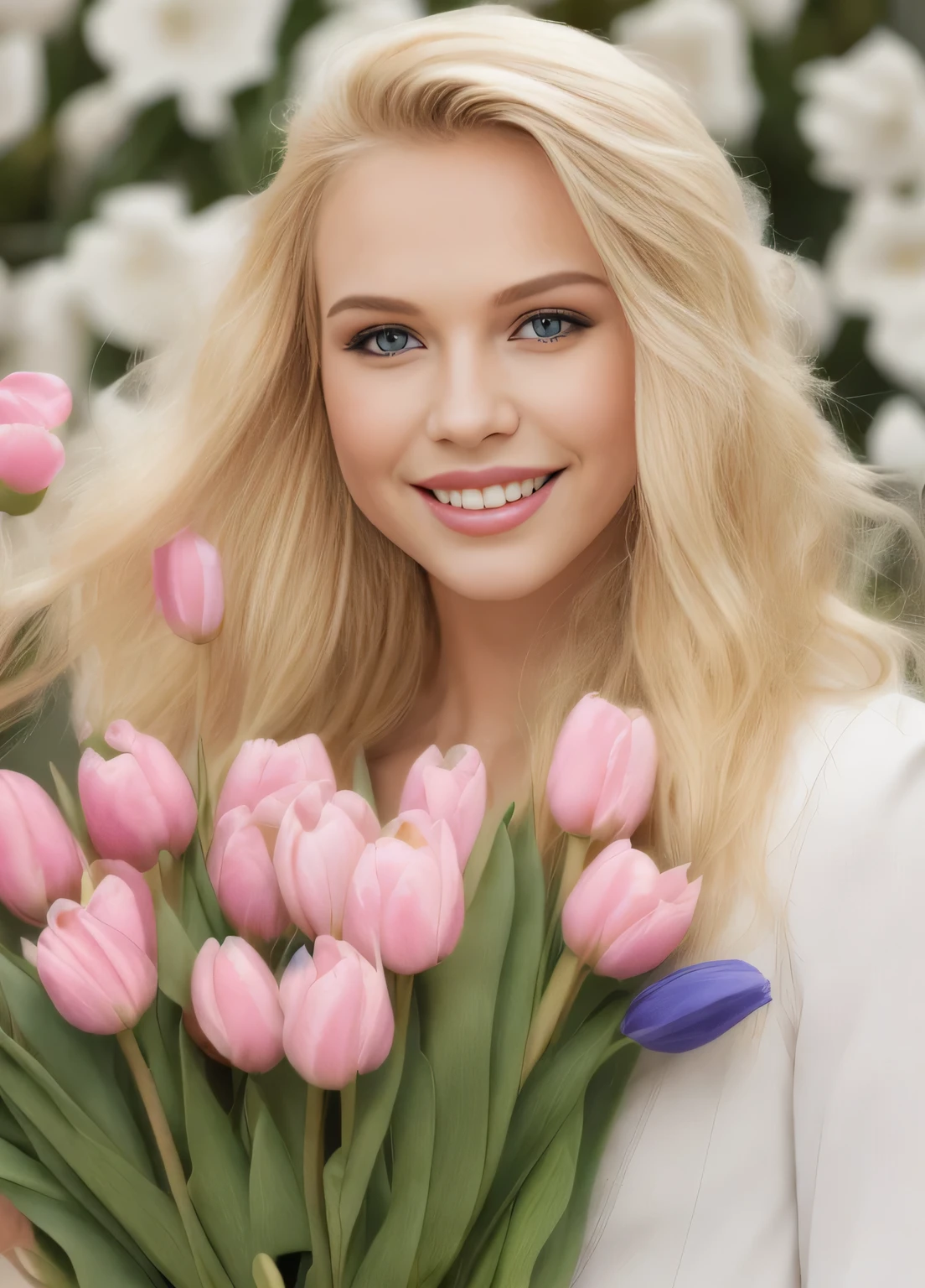 blonde with blue eyes holding a bunch of pink tulips, with flowers, beautiful blonde, attractive girl, Blondes, Beautiful image, nice woman, beautiful girl, cute young woman, Ukrainian girl, beautiful woman, blonde, yelena belova, beautiful woman, gorgeous woman, blonde, cutie, beautiful blonde, blonde and attractive facial features