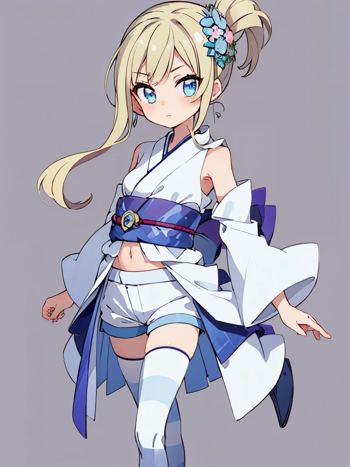 1girl,beautiful detailed eyes, frilled_sleeves, sleeves arms at sides, upright concept art, solo, cowboy shot, full body, looking at viewer, grey background, simple background, chibi, long blonde hair, blue eyes, crop top, Navel exposed, furisode, bath yukata, uchikake, Uchikake, Yukata, Kimono, Kimono, Yukata, shorts under skirt white shorts blue skirt blue shirt single thighhigh striped thighhighs