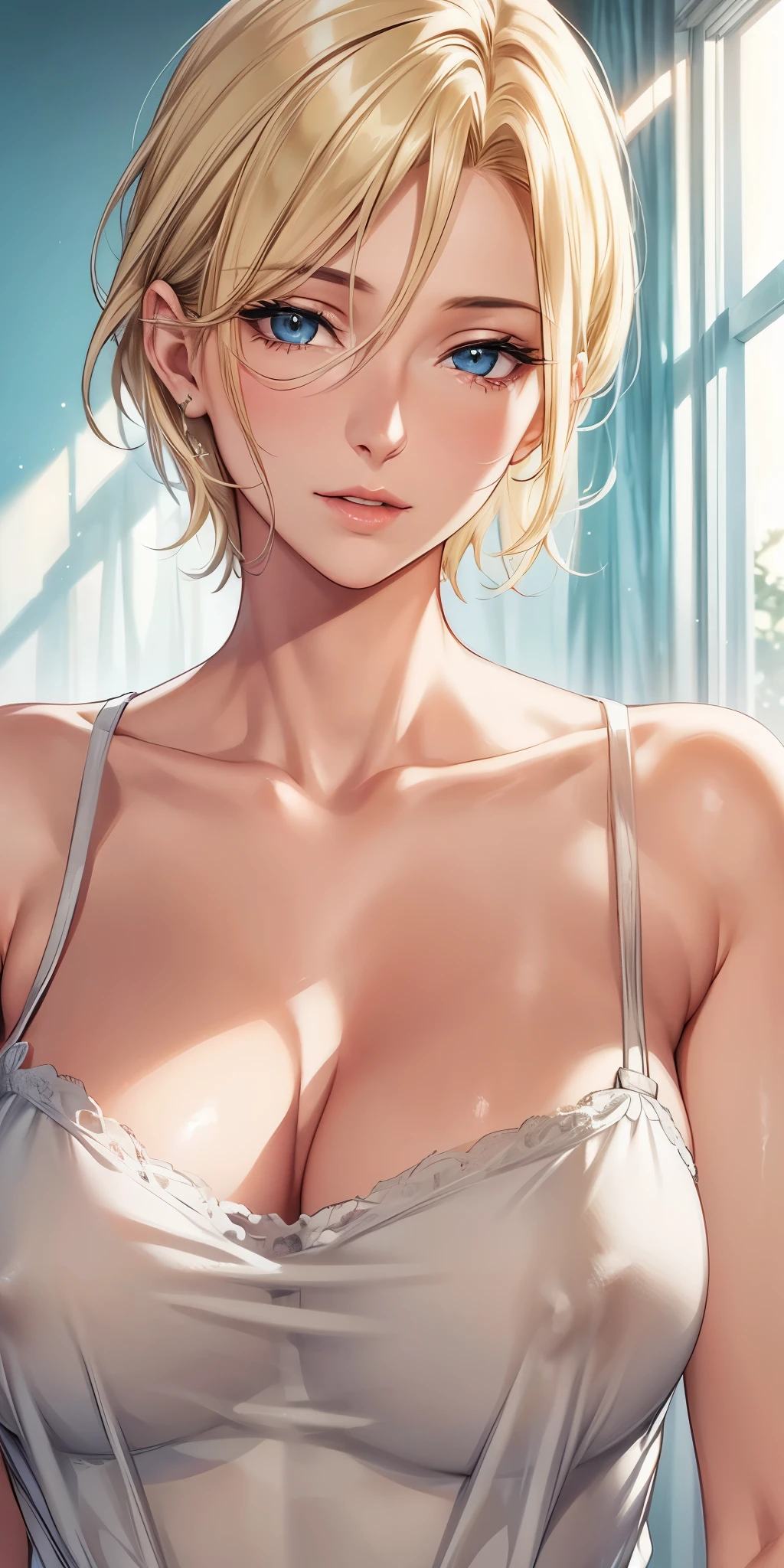 portrait, realistic, elegant  woman, blue eyes, blonde hair, transparent camisole, see through nippleesolution, high quality cg, beautiful cg, soft light
