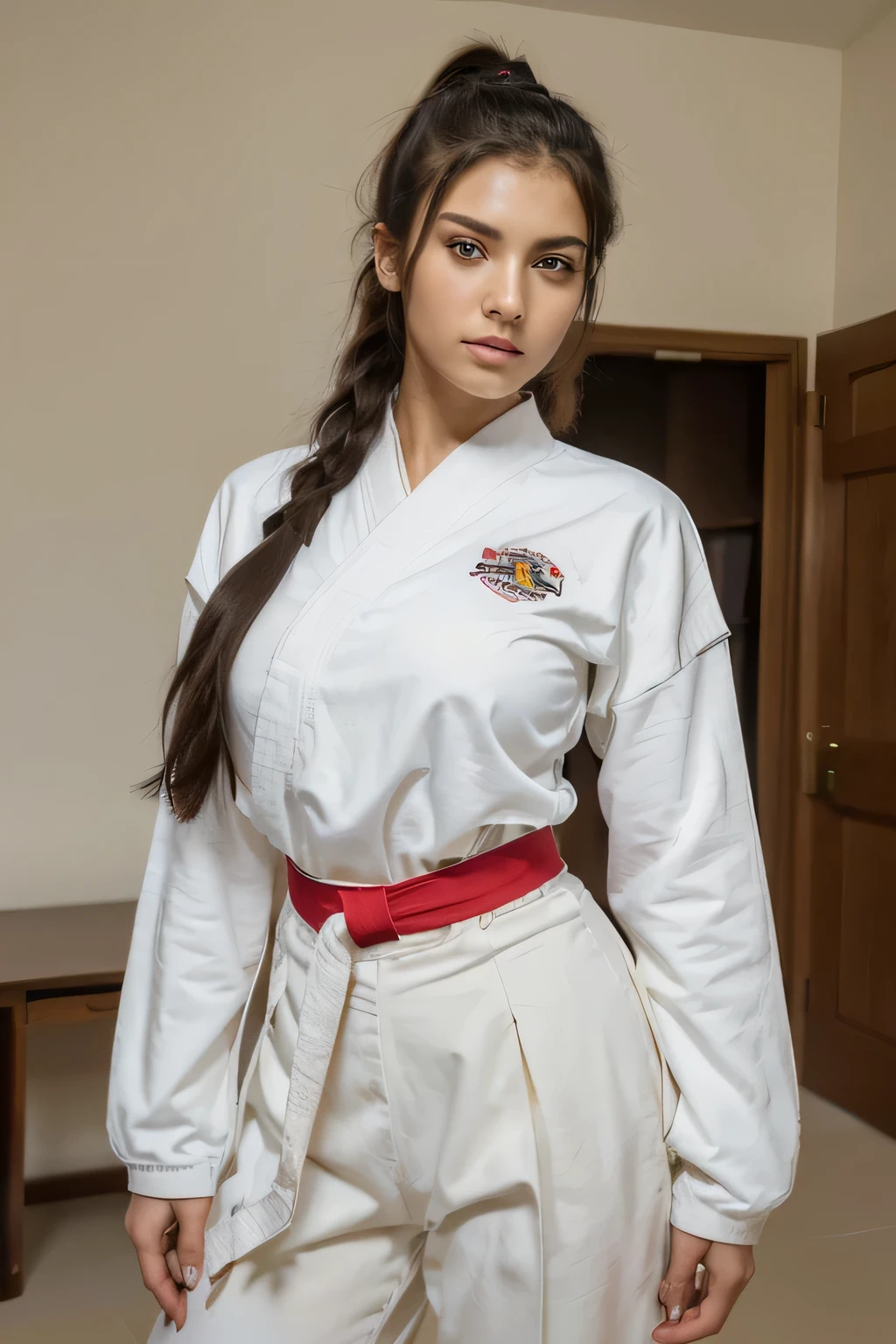 (((Masterpiece, highest quality, high definition, high detail)))), 21year old girl, beautiful, big tits, black hair color, long hair, ponytail hair, long-sleeve,long trousers, Karate techniques, White Karate Uniform, Beautiful face, looking at the camera