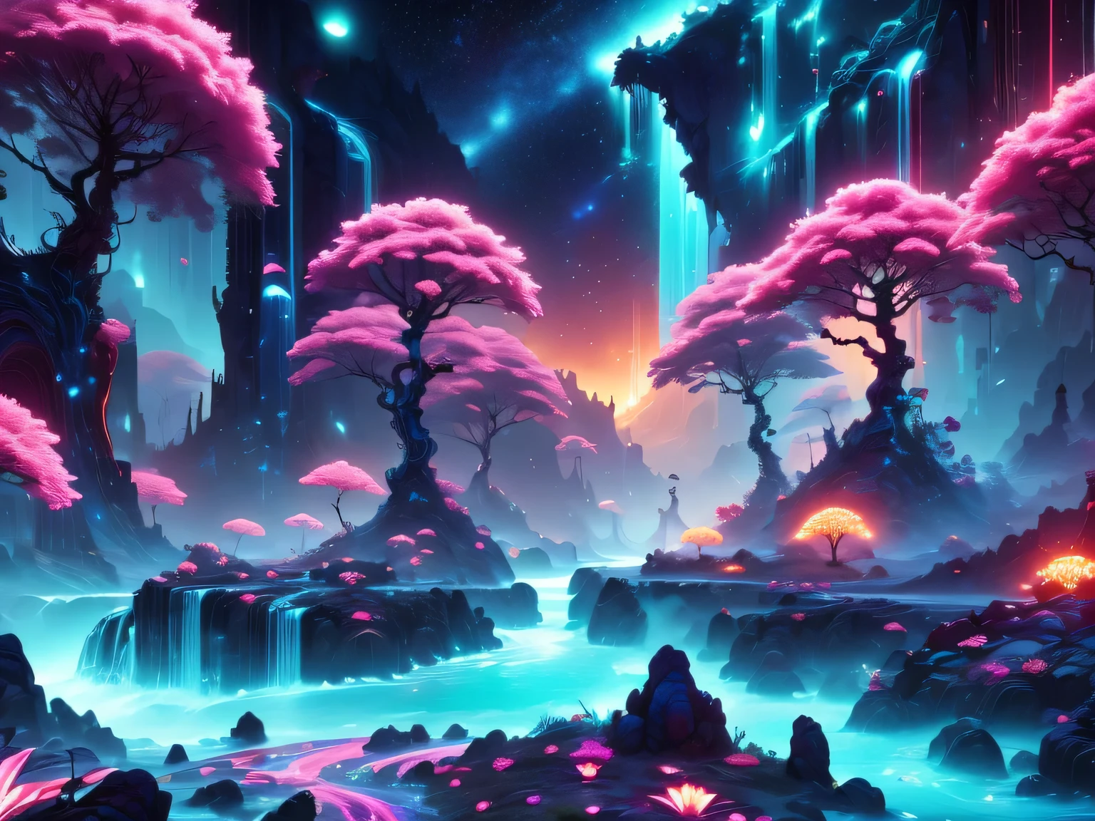 A surreal alien landscape,interstellar travel，Magnificent starry sky，beautiful all around、Vibrant、Colorful。The screen shows strange alien flowers of various shapes and sizes.，and a rich variety of delicious alien fruits。highest image quality，Resolution is 4k or 8k，Capture every detail perfectly。The picture is extremely detailed，Presented in a realistic way，Bringing a truly immersive experience。This work combines illustration techniques and 3D rendering，Created a visually stunning、Works of great skill。Bright colors，Enhances the surreal feel of the landscape。The lighting design is very detailed，Demonstrates complex changes in light and shadow，Adds layer and depth to the scene。The work evokes curiosity and awe in the viewer，Taking the audience into a magical and surreal realm，Where the beauty of nature takes on a whole new meaning。