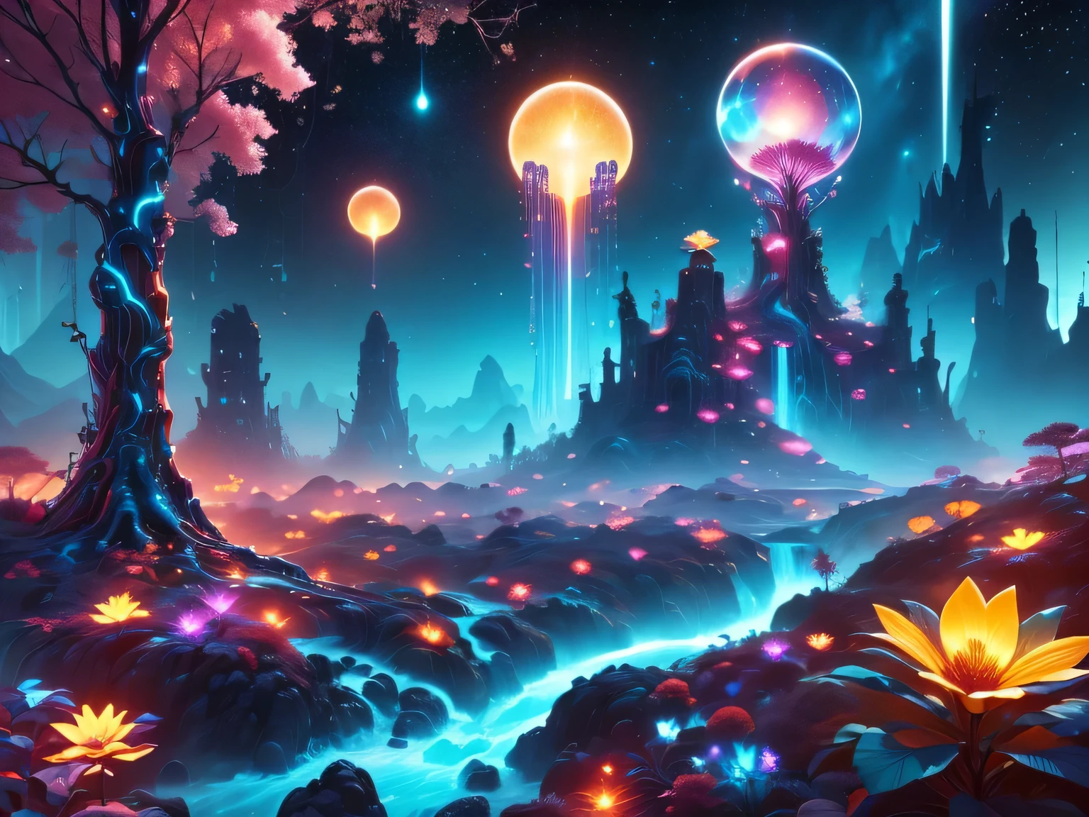 A surreal alien landscape,interstellar travel,Magnificent starry sky,beautiful all around、Vibrant、Colorful。The screen shows strange alien flowers of various shapes and sizes.,and a rich variety of delicious alien fruits。highest image quality,Resolution is 4k or 8k,Capture every detail perfectly。The picture is extremely detailed,Presented in a realistic way,Bringing a truly immersive experience。This work combines illustration techniques and 3D rendering,Created a visually stunning、Works of great skill。Bright colors,Enhances the surreal feel of the landscape。The lighting design is very detailed,Demonstrates complex changes in light and shadow,Adds layer and depth to the scene。The work evokes curiosity and awe in the viewer,Taking the audience into a magical and surreal realm,Where the beauty of nature takes on a whole new meaning。