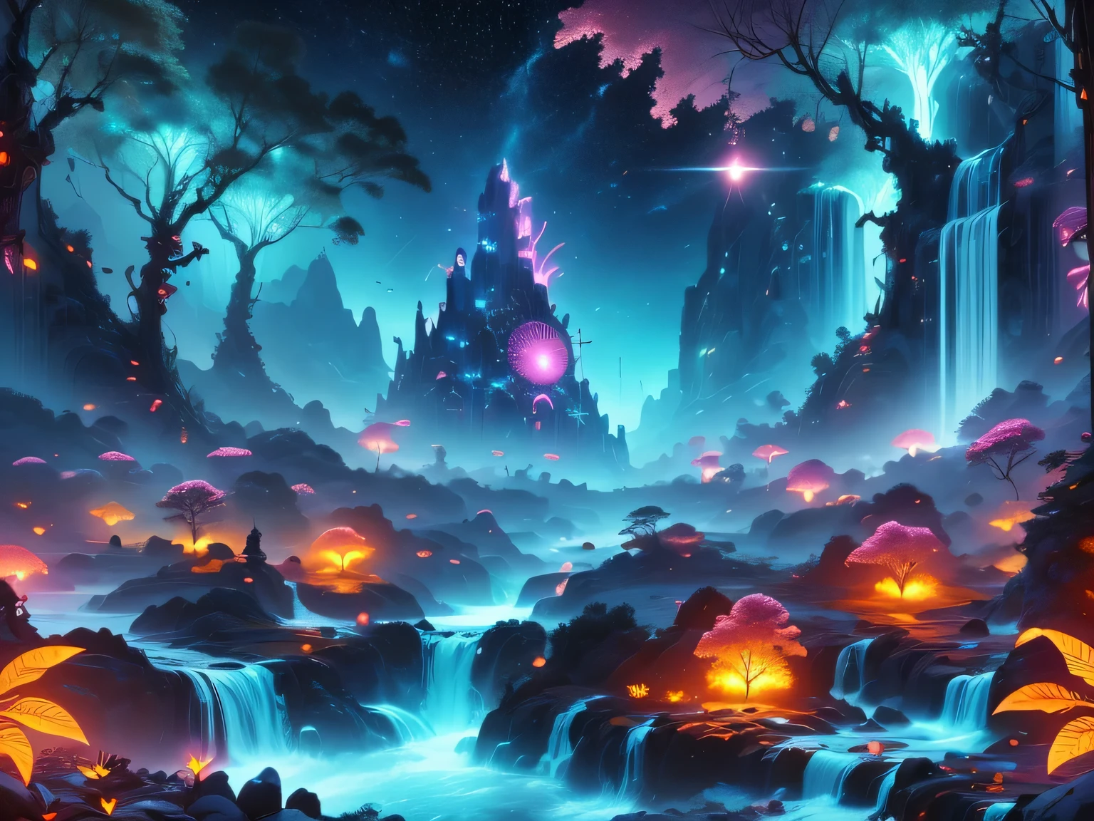 A surreal alien landscape,interstellar travel，Magnificent starry sky，beautiful all around、Vibrant、Colorful。The screen shows strange alien flowers of various shapes and sizes.，and a rich variety of delicious alien fruits。highest image quality，Resolution is 4k or 8k，Capture every detail perfectly。The picture is extremely detailed，Presented in a realistic way，Bringing a truly immersive experience。This work combines illustration techniques and 3D rendering，Created a visually stunning、Works of great skill。Bright colors，Enhances the surreal feel of the landscape。The lighting design is very detailed，Demonstrates complex changes in light and shadow，Adds layer and depth to the scene。The work evokes curiosity and awe in the viewer，Taking the audience into a magical and surreal realm，Where the beauty of nature takes on a whole new meaning。