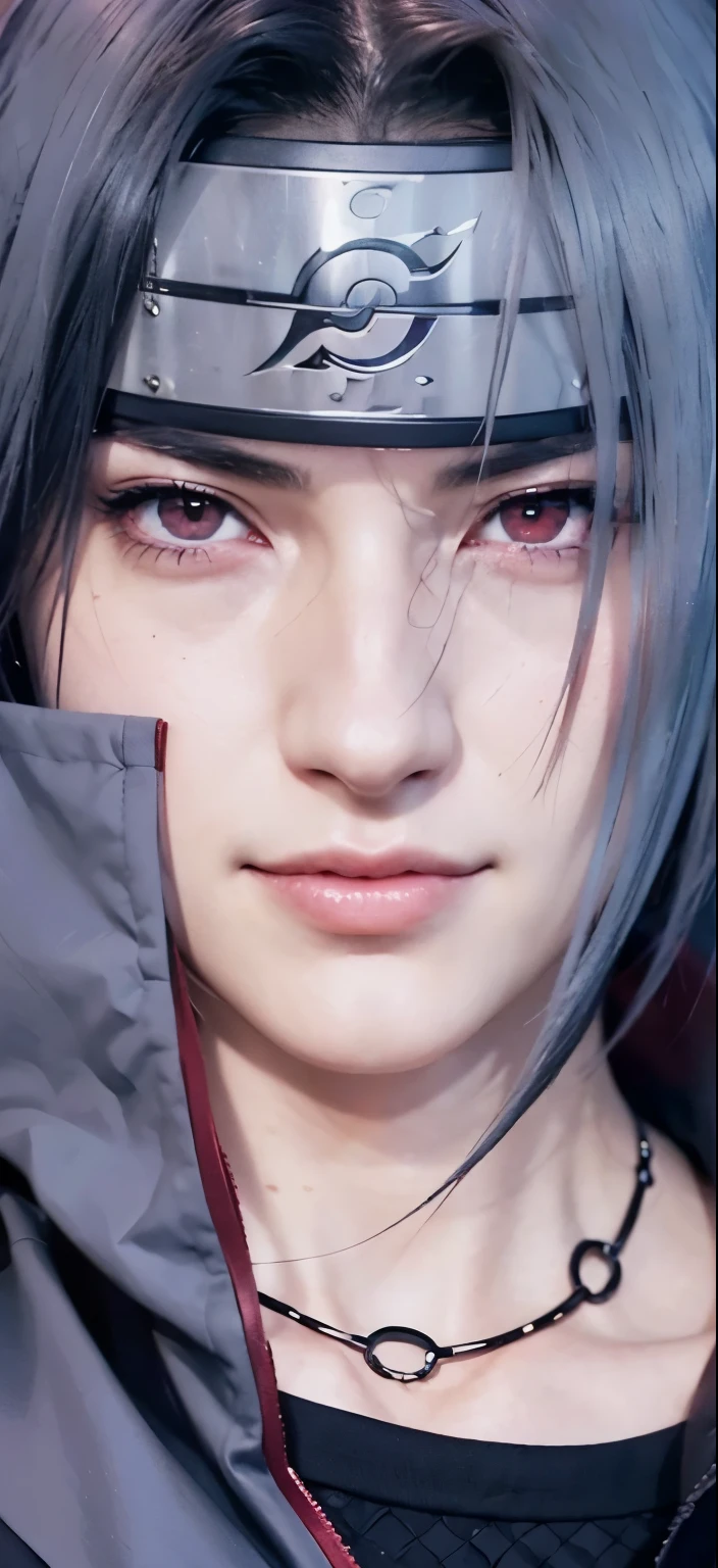 Super detailed, realistic, cinematic lighting, realistic skin 男性1名, Anime Naruto Shippuden Uchiha Itachi, short hair , black hair, red eyes, good looking, black clothes, smile, realistic clothes, details clothing, urban background, Super detailed, realistic, cinematic lighting, realistic skin 