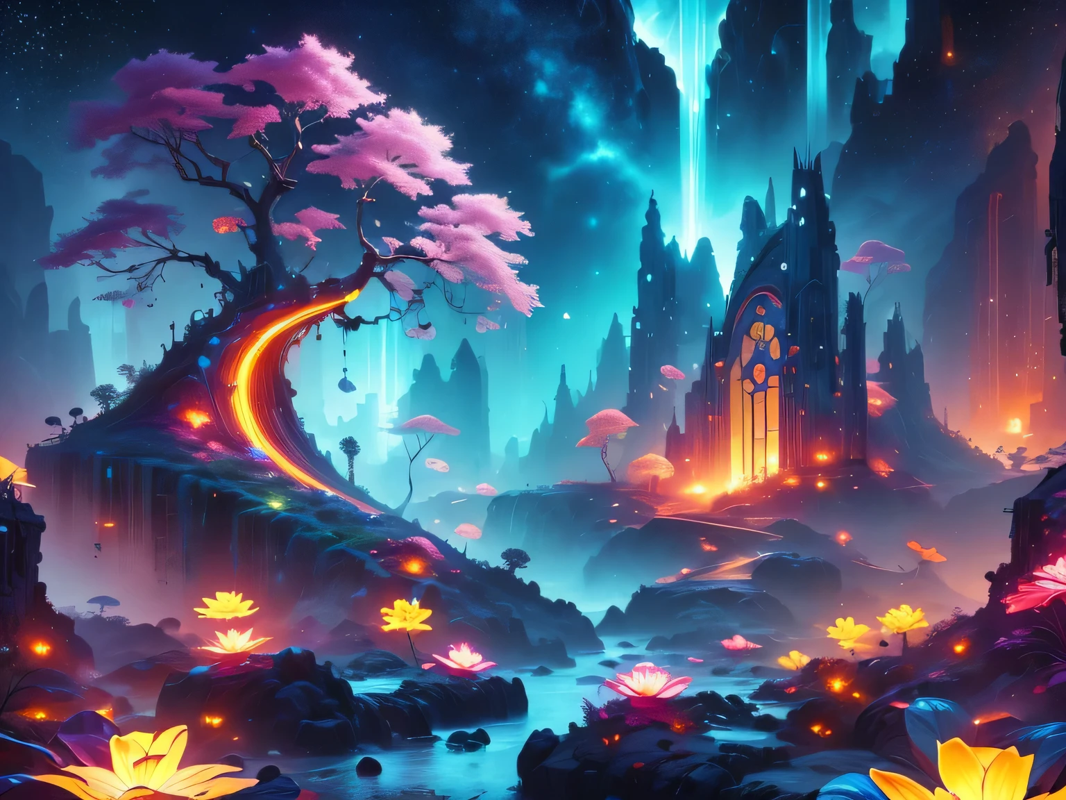 A surreal alien landscape,interstellar travel，Magnificent starry sky，beautiful all around、Vibrant、Colorful。The screen shows strange alien flowers of various shapes and sizes.，and a rich variety of delicious alien fruits。highest image quality，Resolution is 4k or 8k，Capture every detail perfectly。The picture is extremely detailed，Presented in a realistic way，Bringing a truly immersive experience。This work combines illustration techniques and 3D rendering，Created a visually stunning、Works of great skill。Bright colors，Enhances the surreal feel of the landscape。The lighting design is very detailed，Demonstrates complex changes in light and shadow，Adds layer and depth to the scene。The work evokes curiosity and awe in the viewer，Taking the audience into a magical and surreal realm，Where the beauty of nature takes on a whole new meaning。