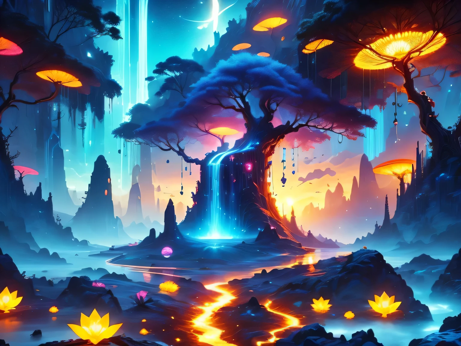 A surreal alien landscape,interstellar travel，Magnificent starry sky，beautiful all around、Vibrant、Colorful。The screen shows strange alien flowers of various shapes and sizes.，and a rich variety of delicious alien fruits。highest image quality，Resolution is 4k or 8k，Capture every detail perfectly。The picture is extremely detailed，Presented in a realistic way，Bringing a truly immersive experience。This work combines illustration techniques and 3D rendering，Created a visually stunning、Works of great skill。Bright colors，Enhances the surreal feel of the landscape。The lighting design is very detailed，Demonstrates complex changes in light and shadow，Adds layer and depth to the scene。The work evokes curiosity and awe in the viewer，Taking the audience into a magical and surreal realm，Where the beauty of nature takes on a whole new meaning。