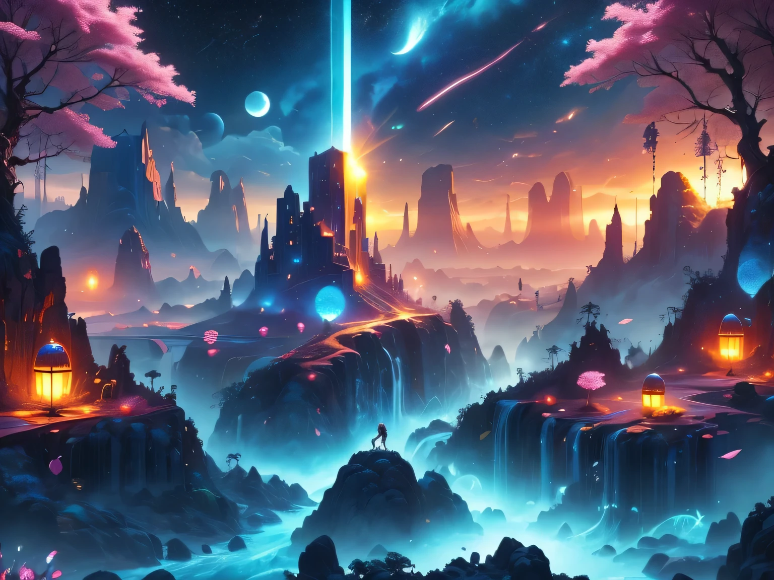 A surreal alien landscape,interstellar travel，Magnificent starry sky，beautiful all around、Vibrant、Colorful。The screen shows strange alien flowers of various shapes and sizes.，and a rich variety of delicious alien fruits。highest image quality，Resolution is 4k or 8k，Capture every detail perfectly。The picture is extremely detailed，Presented in a realistic way，Bringing a truly immersive experience。This work combines illustration techniques and 3D rendering，Created a visually stunning、Works of great skill。Bright colors，Enhances the surreal feel of the landscape。The lighting design is very detailed，Demonstrates complex changes in light and shadow，Adds layer and depth to the scene。The work evokes curiosity and awe in the viewer，Taking the audience into a magical and surreal realm，Where the beauty of nature takes on a whole new meaning。