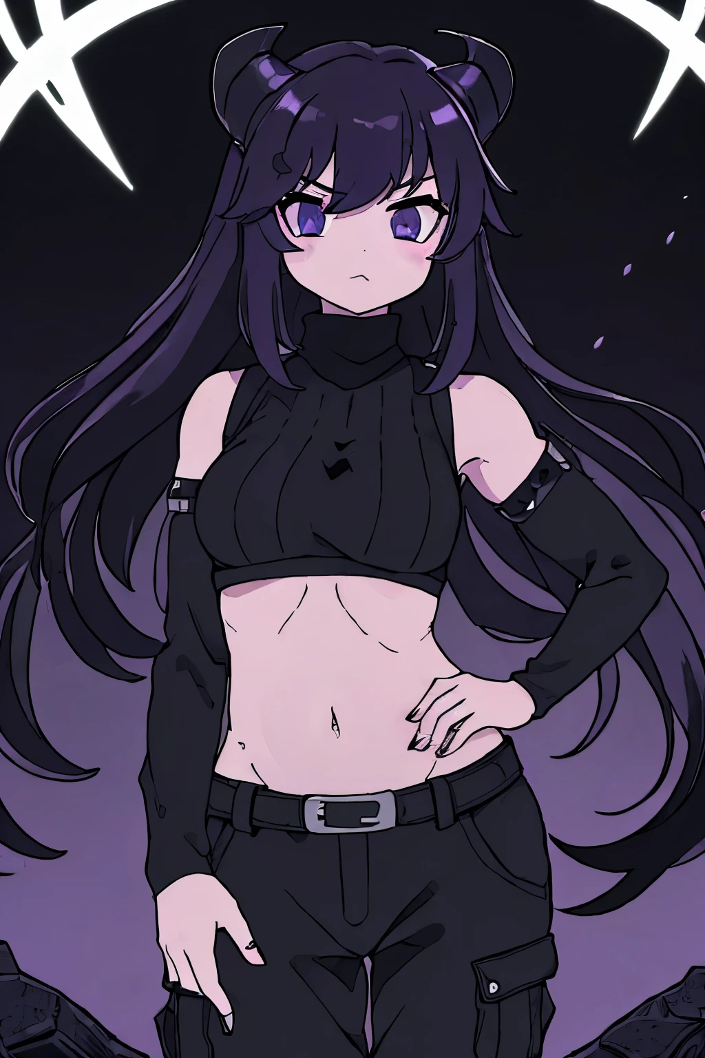 ultra realistic 8k cg, masterpiece, ((delicate pattern, intricate detail, portraits photo, flat black background, black and white photo)), (highly detailed, fine details), best quality, ((1girl, cool girl)), beautiful lighting, absurd res, RAW photo, film grain, ((large breasts, slim girl, muscular female, glow purple eyes)), Layered Wavy Hairstyle Purple, blackpurple hair, Black demon long Horns of the Abyss, ((black dog big collar)), ((Double Prong Belt Black, black turtle neck sweater crop short arms, black cargo pants, black hand warmer)), (( piercing belly)), rage, angry
