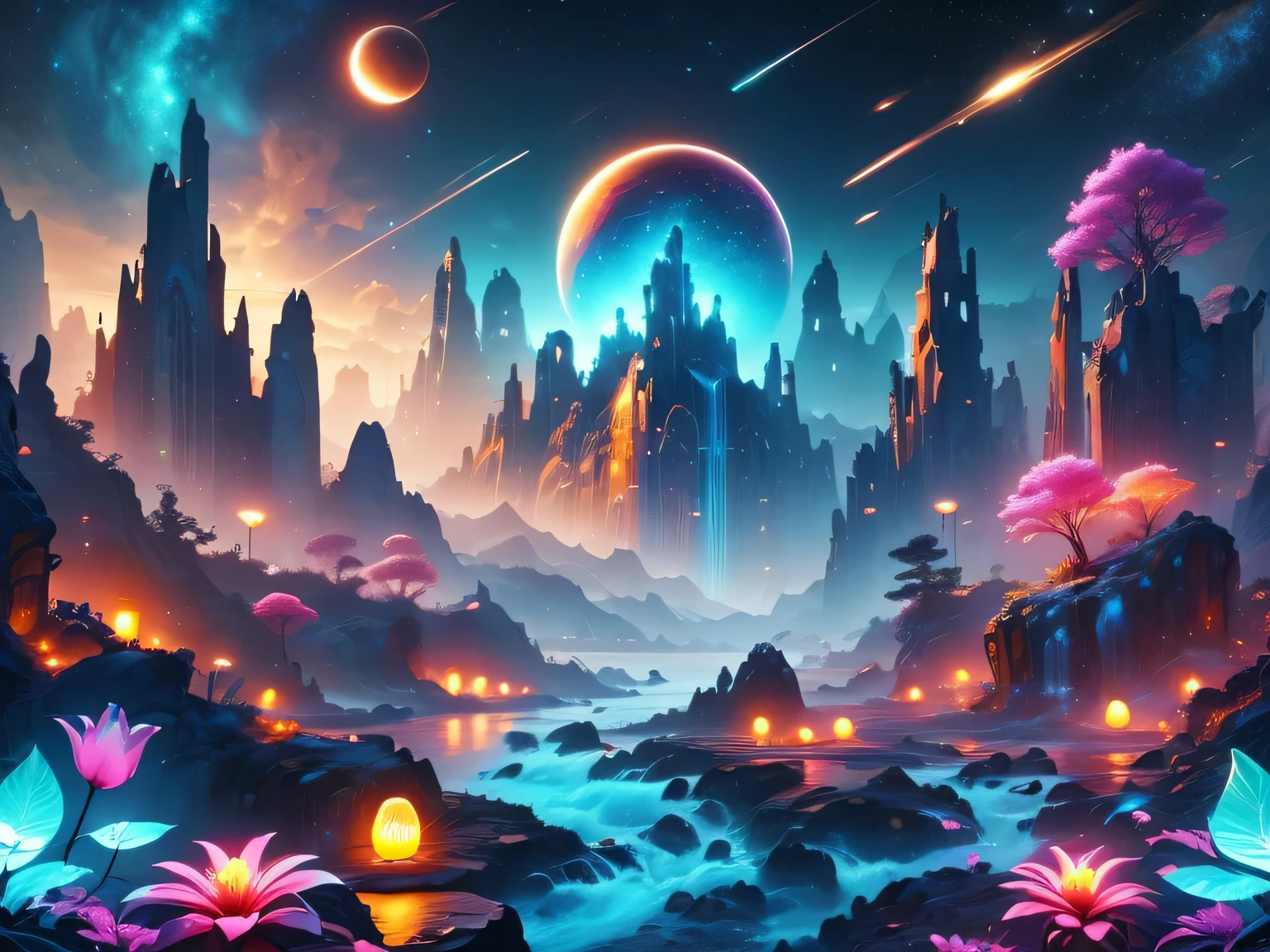 A surreal alien landscape,interstellar travel,Magnificent starry sky,beautiful all around、Vibrant、Colorful。The screen shows strange alien flowers of various shapes and sizes.,and a rich variety of delicious alien fruits。highest image quality,Resolution is 4k or 8k,Capture every detail perfectly。The picture is extremely detailed,Presented in a realistic way,Bringing a truly immersive experience。This work combines illustration techniques and 3D rendering,Created a visually stunning、Works of great skill。Bright colors,Enhances the surreal feel of the landscape。The lighting design is very detailed,Demonstrates complex changes in light and shadow,Adds layer and depth to the scene。The work evokes curiosity and awe in the viewer,Taking the audience into a magical and surreal realm,Where the beauty of nature takes on a whole new meaning。