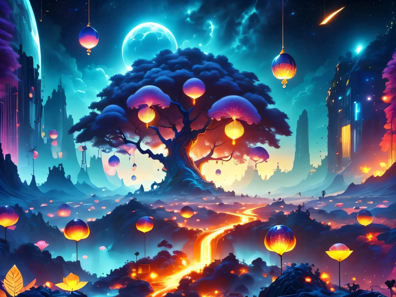 A surreal alien landscape,interstellar travel，Magnificent starry sky，beautiful all around、Vibrant、Colorful。The screen shows strange alien flowers of various shapes and sizes.，and a rich variety of delicious alien fruits。highest image quality，Resolution is 4k or 8k，Capture every detail perfectly。The picture is extremely detailed，Presented in a realistic way，Bringing a truly immersive experience。This work combines illustration techniques and 3D rendering，Created a visually stunning、Works of great skill。Bright colors，Enhances the surreal feel of the landscape。The lighting design is very detailed，Demonstrates complex changes in light and shadow，Adds layer and depth to the scene。The work evokes curiosity and awe in the viewer，Taking the audience into a magical and surreal realm，Where the beauty of nature takes on a whole new meaning。