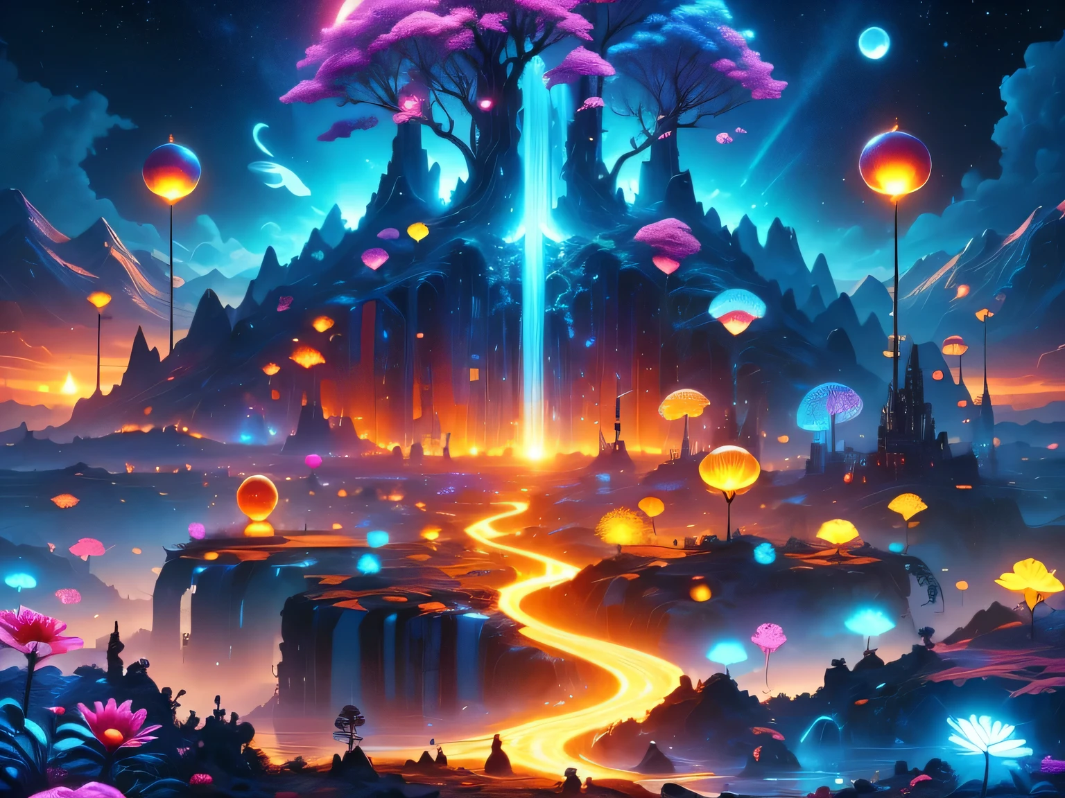 A surreal alien landscape,interstellar travel，Magnificent starry sky，beautiful all around、Vibrant、Colorful。The screen shows strange alien flowers of various shapes and sizes.，and a rich variety of delicious alien fruits。highest image quality，Resolution is 4k or 8k，Capture every detail perfectly。The picture is extremely detailed，Presented in a realistic way，Bringing a truly immersive experience。This work combines illustration techniques and 3D rendering，Created a visually stunning、Works of great skill。Bright colors，Enhances the surreal feel of the landscape。The lighting design is very detailed，Demonstrates complex changes in light and shadow，Adds layer and depth to the scene。The work evokes curiosity and awe in the viewer，Taking the audience into a magical and surreal realm，Where the beauty of nature takes on a whole new meaning。