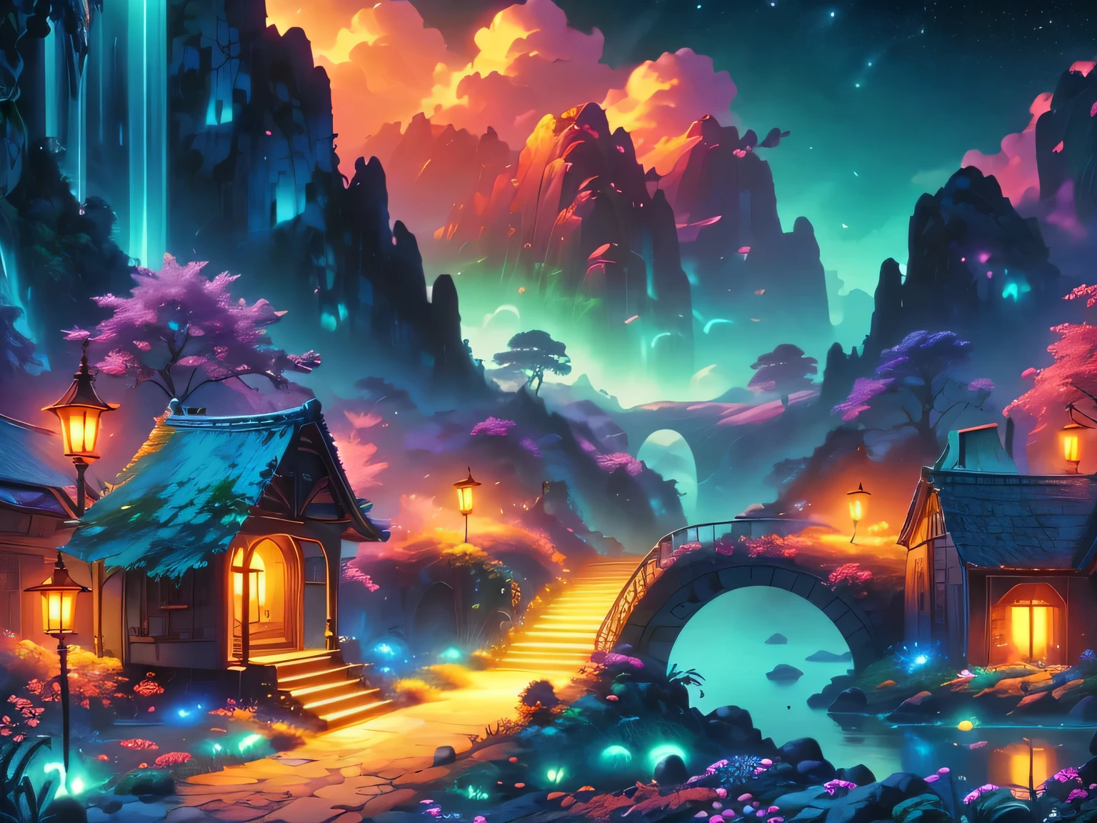 A surreal alien landscape,interstellar travel，Magnificent starry sky，beautiful all around、Vibrant、Colorful。The screen shows strange alien flowers of various shapes and sizes.，and a rich variety of delicious alien fruits。highest image quality，Resolution is 4k or 8k，Capture every detail perfectly。The picture is extremely detailed，Presented in a realistic way，Bringing a truly immersive experience。This work combines illustration techniques and 3D rendering，Created a visually stunning、Works of great skill。Bright colors，Enhances the surreal feel of the landscape。The lighting design is very detailed，Demonstrates complex changes in light and shadow，Adds layer and depth to the scene。The work evokes curiosity and awe in the viewer，Taking the audience into a magical and surreal realm，Where the beauty of nature takes on a whole new meaning。