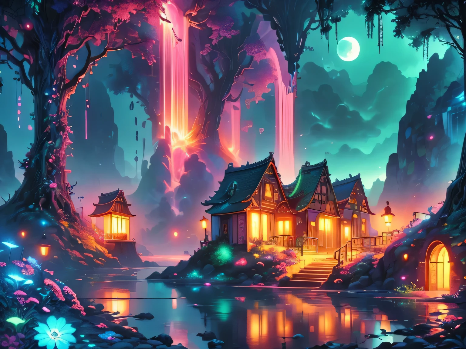 A surreal alien landscape,interstellar travel，Magnificent starry sky，beautiful all around、Vibrant、Colorful。The screen shows strange alien flowers of various shapes and sizes.，and a rich variety of delicious alien fruits。highest image quality，Resolution is 4k or 8k，Capture every detail perfectly。The picture is extremely detailed，Presented in a realistic way，Bringing a truly immersive experience。This work combines illustration techniques and 3D rendering，Created a visually stunning、Works of great skill。Bright colors，Enhances the surreal feel of the landscape。The lighting design is very detailed，Demonstrates complex changes in light and shadow，Adds layer and depth to the scene。The work evokes curiosity and awe in the viewer，Taking the audience into a magical and surreal realm，Where the beauty of nature takes on a whole new meaning。