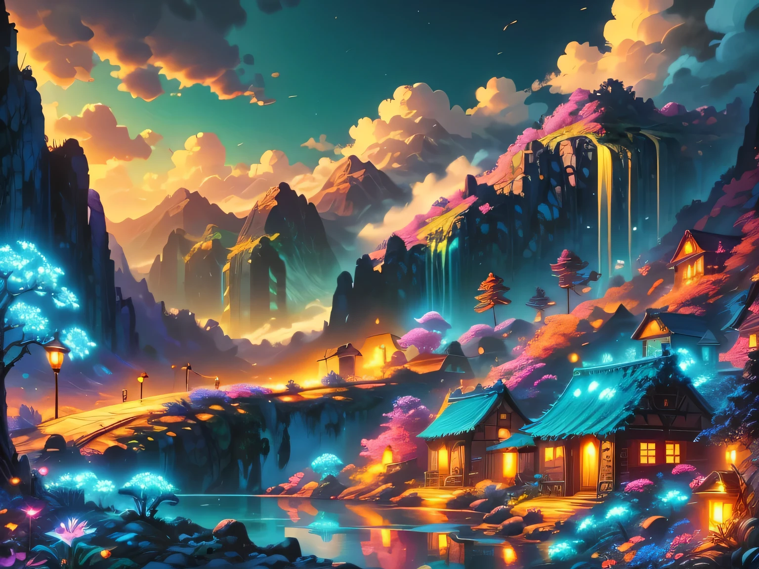 A surreal alien landscape，beautiful all around、Vibrant、Colorful。The screen shows strange alien flowers of various shapes and sizes.，and a rich variety of delicious alien fruits。highest image quality，Resolution is 4k or 8k，Capture every detail perfectly。The picture is extremely detailed，Presented in a realistic way，Bringing a truly immersive experience。This work combines illustration techniques and 3D rendering，Created a visually stunning、Works of great skill。Bright colors，Enhances the surreal feel of the landscape。The lighting design is very detailed，Demonstrates complex changes in light and shadow，Adds layer and depth to the scene。The work evokes curiosity and awe in the viewer，Taking the audience into a magical and surreal realm，Where the beauty of nature takes on a whole new meaning。