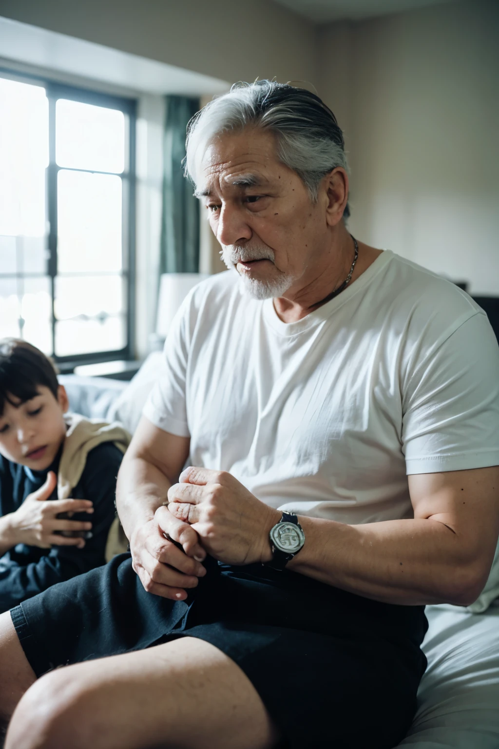 an old man is too sick to die on a bed, his boy sitting around, the man is giving a smart watch as a gift for his boy and telling something about it. the man wears a cloth and his boy is sitting around him. his boy is accepting the gift and listening to his father speaking