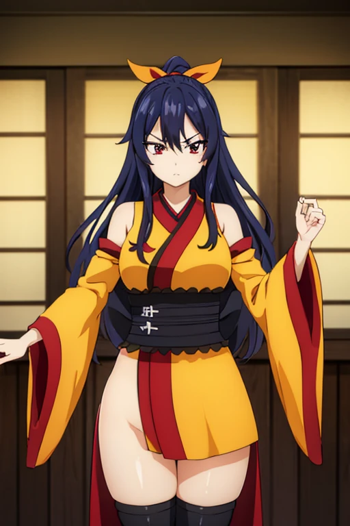 homurakougetsu, homura kougetsu, long hair, blue hair, (red eyes:1.5), mole, mole under eye, BREAK bow, hair bow, ponytail, orange bow, thighhighs, detached sleeves, japanese clothes, black thighhighs, kimono, sash, obi, sandals, leaf print, yellow kimono, BREAK indoors, dojo, BREAK looking at viewer, (cowboy shot:1.5), BREAK (masterpiece:1.2), best quality, high resolution, unity 8k wallpaper, (illustration:0.8), (beautiful detailed eyes:1.6), extremely detailed face, perfect lighting, extremely detailed CG, (perfect hands, perfect anatomy),