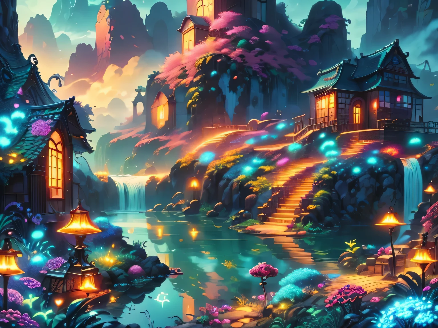 A surreal alien landscape，beautiful all around、Vibrant、Colorful。The screen shows strange alien flowers of various shapes and sizes.，and a rich variety of delicious alien fruits。highest image quality，Resolution is 4k or 8k，Capture every detail perfectly。The picture is extremely detailed，Presented in a realistic way，Bringing a truly immersive experience。This work combines illustration techniques and 3D rendering，Created a visually stunning、Works of great skill。Bright colors，Enhances the surreal feel of the landscape。The lighting design is very detailed，Demonstrates complex changes in light and shadow，Adds layer and depth to the scene。The work evokes curiosity and awe in the viewer，Taking the audience into a magical and surreal realm，Where the beauty of nature takes on a whole new meaning。