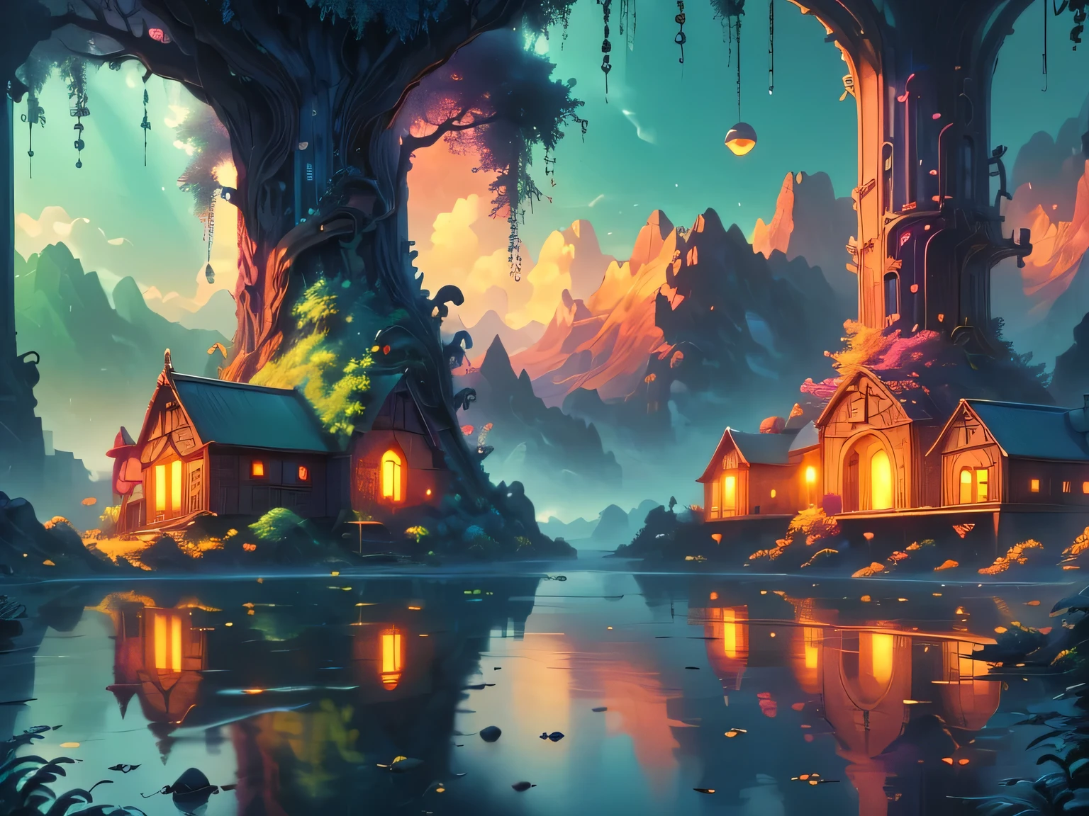 A surreal and exotic landscape，beautiful all around、Vibrant、Colorful。The screen shows strange alien flowers of various shapes and sizes.，and a rich variety of delicious alien fruits。highest image quality，Resolution is 4k or 8k，Capture every detail perfectly。The picture is extremely detailed，Presented in a realistic way，Bringing a truly immersive experience。This work combines illustration techniques and 3D rendering，Created a visually stunning、Works of great skill。Bright colors，Enhances the surreal feel of the landscape。The lighting design is very detailed，Demonstrates complex changes in light and shadow，Adds layer and depth to the scene。The work evokes curiosity and awe in the viewer，Taking the audience into a magical and surreal realm，Where the beauty of nature takes on a whole new meaning。