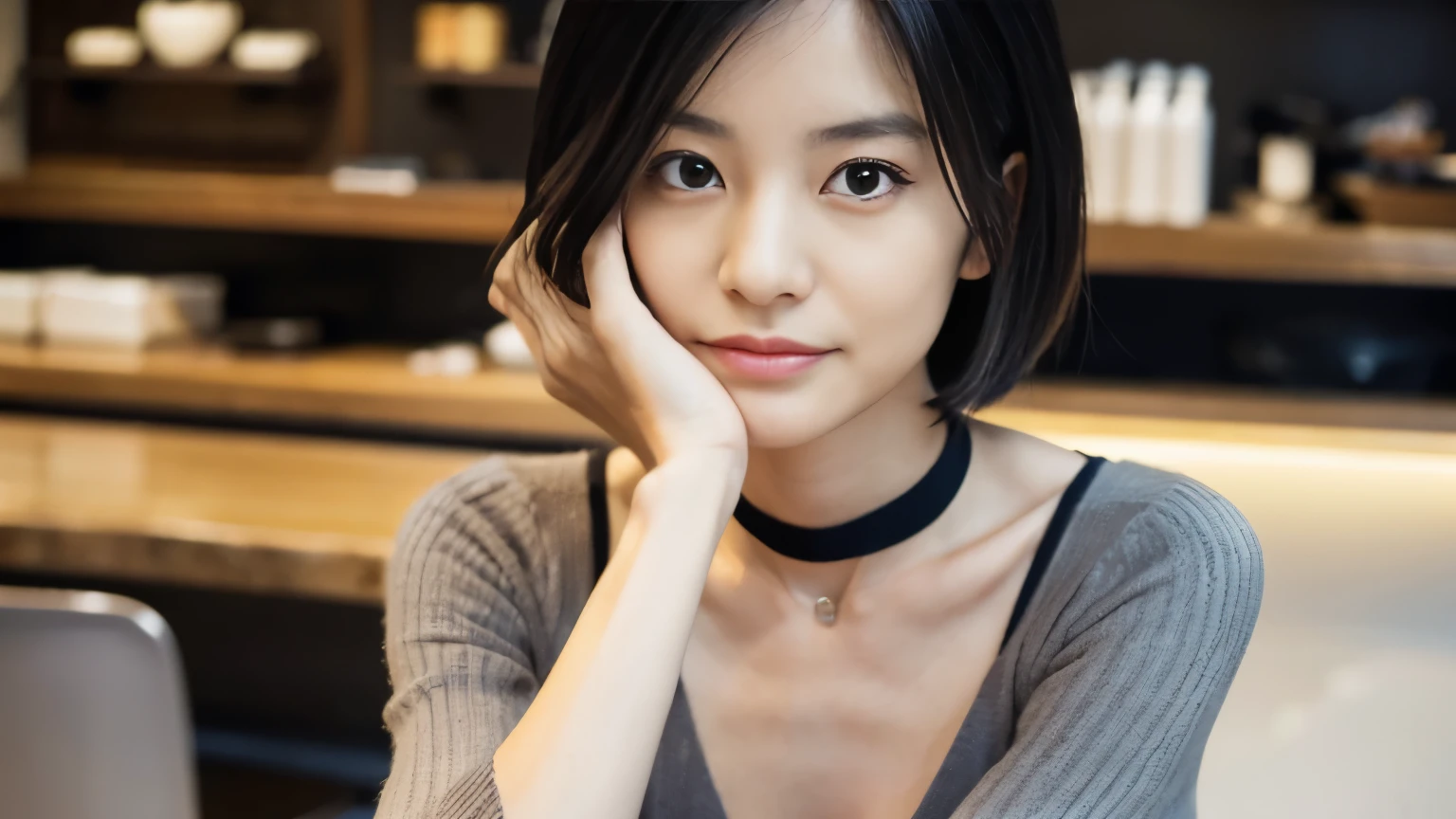 japanese woman, 30 years old, slender body shape, small breasts, very thin waist, beautiful face, beautiful eyes, black short hair, wearing a tight, short gray knit dress, sitting at a stylish cafe, I look back at you gently, 1 girl, alone, detailed face and eyes, small fingers and arms. full body photo. realistic, realistic,choker