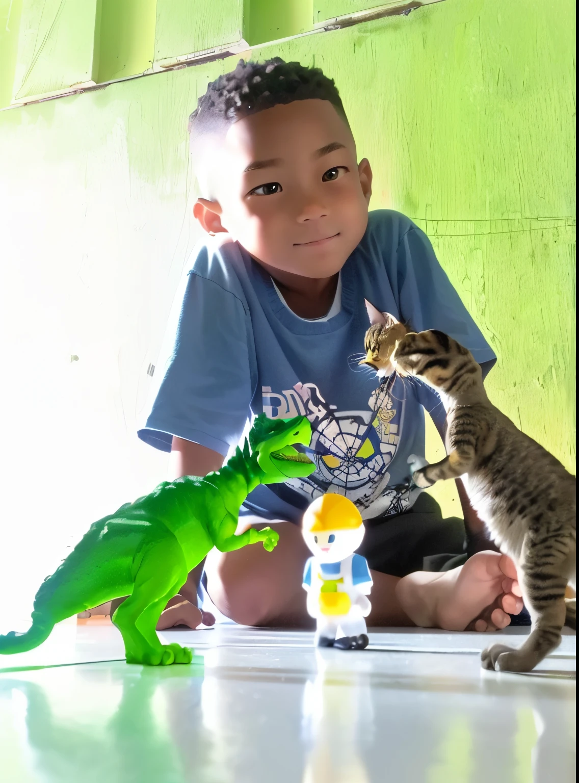 there is a young boy playing with a toy dinosaur and a cat, inspired by Abidin Dino, toy photography, playing, ???, by Abidin Dino, toy photo, photo taken with nikon d 7 5 0, photo taken with nikon d750, toy commercial photo, taken with sony alpha 9, in an action pose, as an action figure