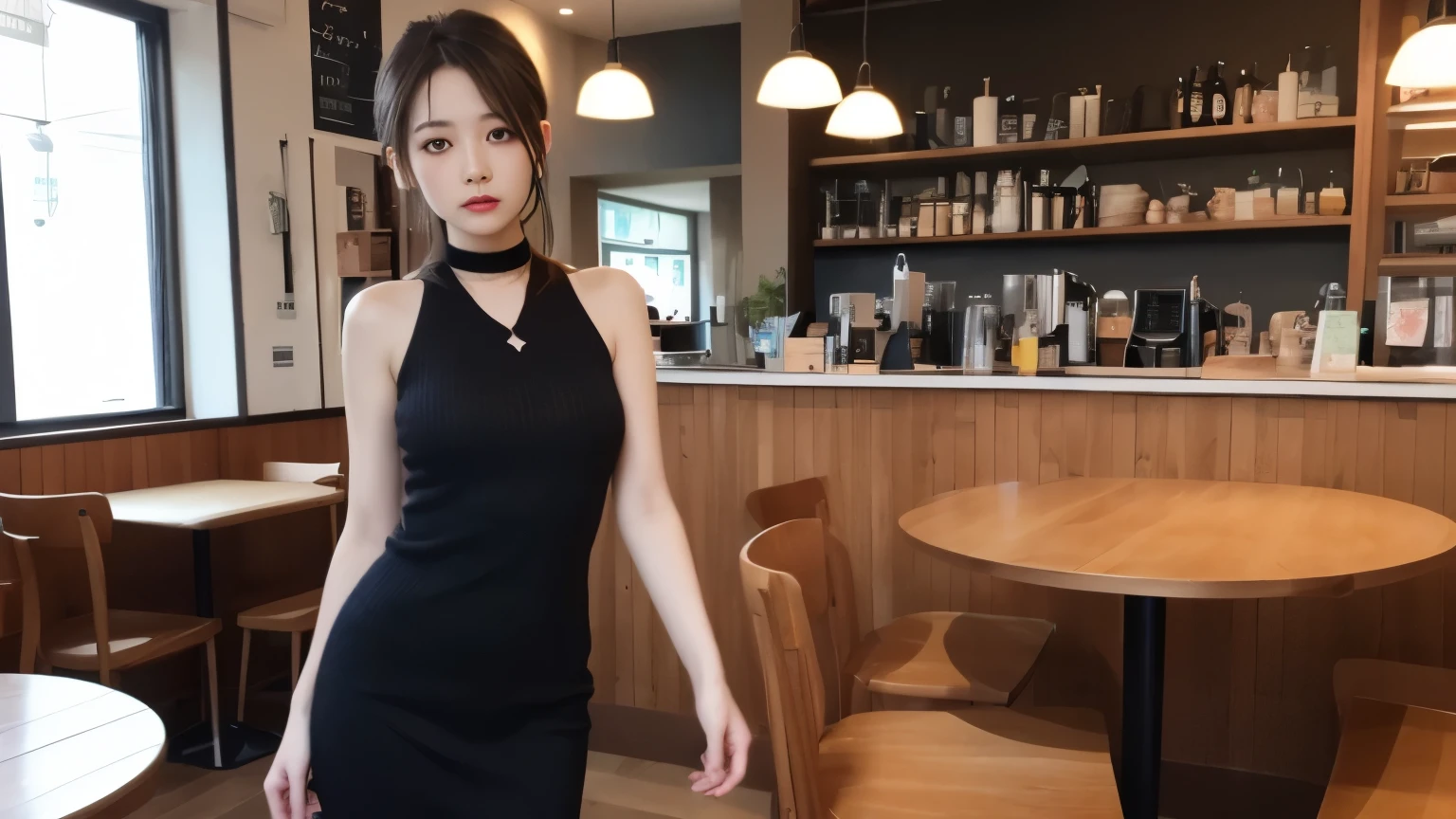 table top, highest quality, figure, Super detailed, finely, Inside the cafe, High resolution, 8k wallpaper, 完璧なダイナミックな構figure, detailed and beautiful eyes, tight knit dress,choker,slender body