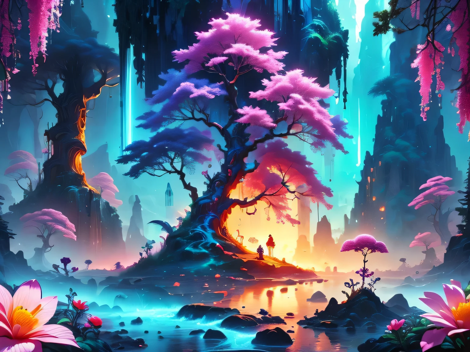 A surreal and exotic landscape，beautiful all around、Vibrant、Colorful。The screen shows strange alien flowers of various shapes and sizes.，and a rich variety of delicious alien fruits。highest image quality，Resolution is 4k or 8k，Capture every detail perfectly。The picture is extremely detailed，Presented in a realistic way，Bringing a truly immersive experience。This work combines illustration techniques and 3D rendering，Created a visually stunning、Works of great skill。Bright colors，Enhances the surreal feel of the landscape。The lighting design is very detailed，Demonstrates complex changes in light and shadow，Adds layer and depth to the scene。The work evokes curiosity and awe in the viewer，Taking the audience into a magical and surreal realm，Where the beauty of nature takes on a whole new meaning。