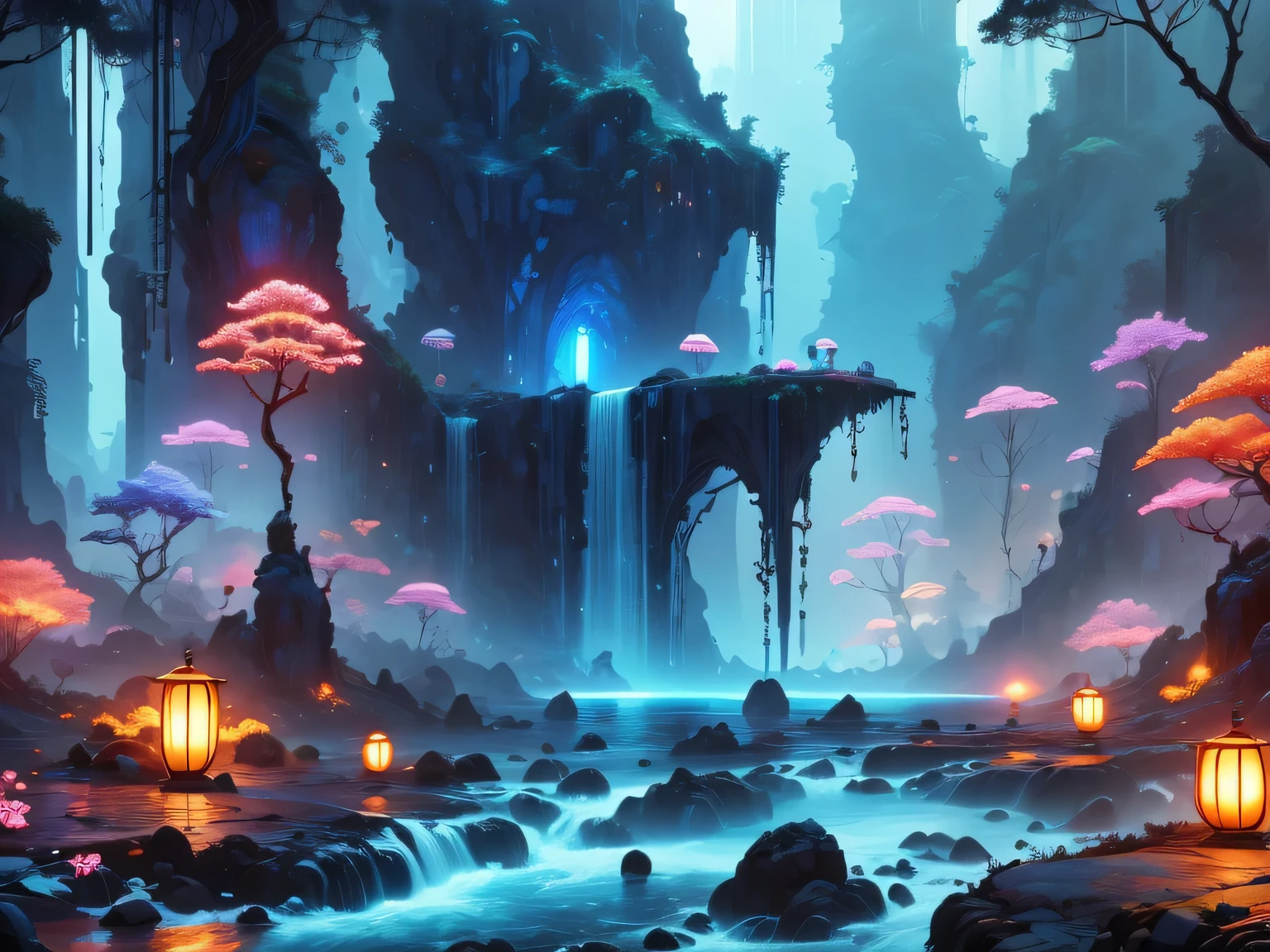 A surreal and exotic landscape，beautiful all around、Vibrant、Colorful。The screen shows strange alien flowers of various shapes and sizes.，and a rich variety of delicious alien fruits。highest image quality，Resolution is 4k or 8k，Capture every detail perfectly。The picture is extremely detailed，Presented in a realistic way，Bringing a truly immersive experience。This work combines illustration techniques and 3D rendering，Created a visually stunning、Works of great skill。Bright colors，Enhances the surreal feel of the landscape。The lighting design is very detailed，Demonstrates complex changes in light and shadow，Adds layer and depth to the scene。The work evokes curiosity and awe in the viewer，Taking the audience into a magical and surreal realm，Where the beauty of nature takes on a whole new meaning。