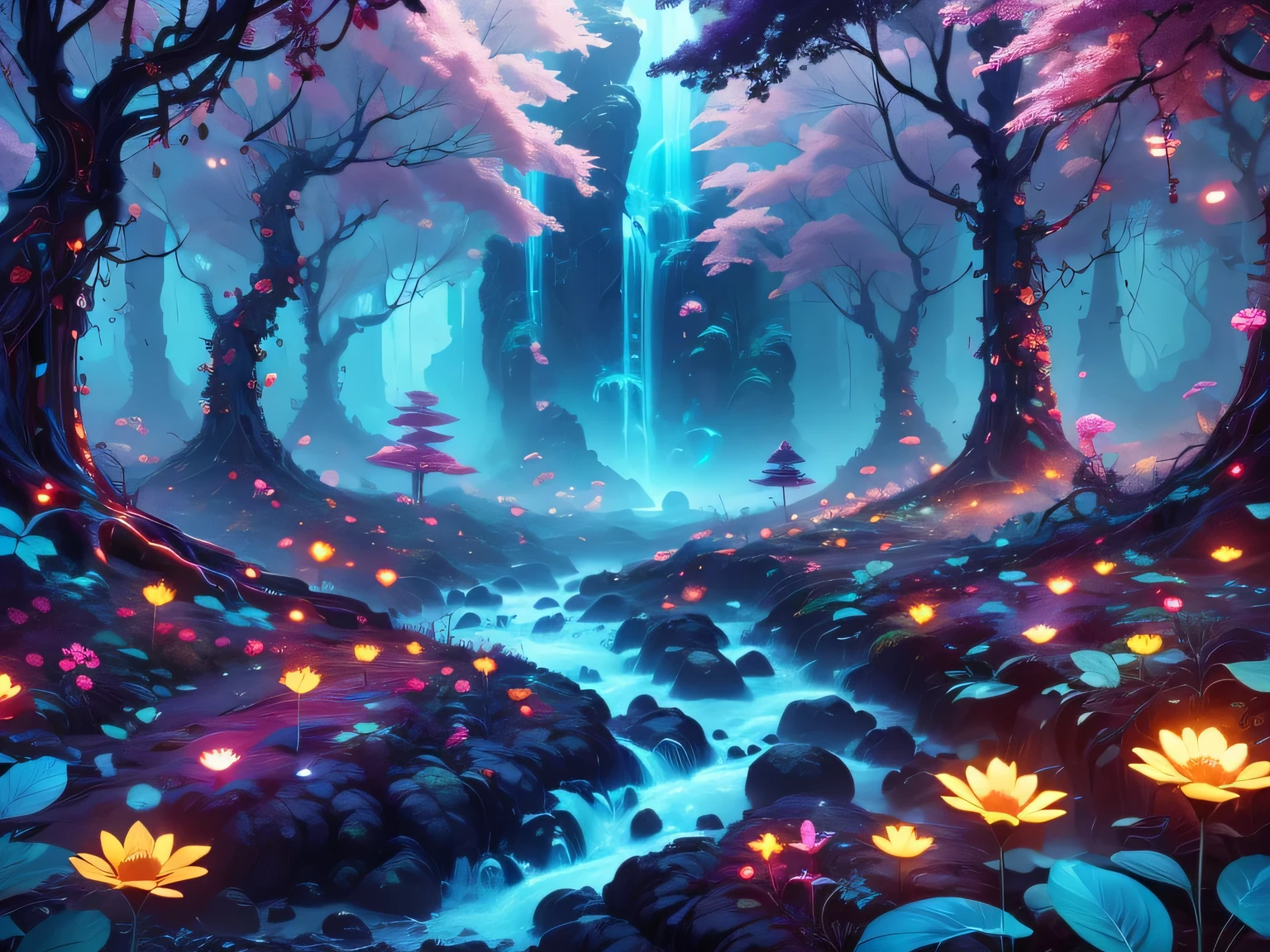 A surreal and exotic landscape，beautiful all around、Vibrant、Colorful。The screen shows strange alien flowers of various shapes and sizes.，and a rich variety of delicious alien fruits。highest image quality，Resolution is 4k or 8k，Capture every detail perfectly。The picture is extremely detailed，Presented in a realistic way，Bringing a truly immersive experience。This work combines illustration techniques and 3D rendering，Created a visually stunning、Works of great skill。Bright colors，Enhances the surreal feel of the landscape。The lighting design is very detailed，Demonstrates complex changes in light and shadow，Adds layer and depth to the scene。The work evokes curiosity and awe in the viewer，Taking the audience into a magical and surreal realm，Where the beauty of nature takes on a whole new meaning。