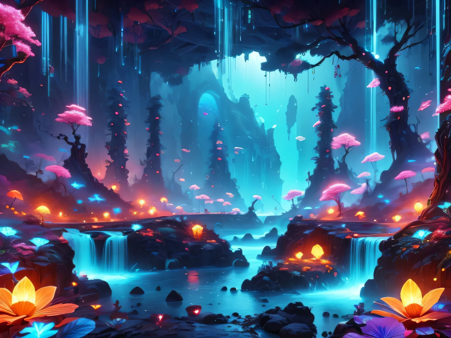 A surreal and exotic landscape，beautiful all around、Vibrant、Colorful。The screen shows strange alien flowers of various shapes and sizes.，and a rich variety of delicious alien fruits。highest image quality，Resolution is 4k or 8k，Capture every detail perfectly。The picture is extremely detailed，Presented in a realistic way，Bringing a truly immersive experience。This work combines illustration techniques and 3D rendering，Created a visually stunning、Works of great skill。Bright colors，Enhances the surreal feel of the landscape。The lighting design is very detailed，Demonstrates complex changes in light and shadow，Adds layer and depth to the scene。The work evokes curiosity and awe in the viewer，Taking the audience into a magical and surreal realm，Where the beauty of nature takes on a whole new meaning。