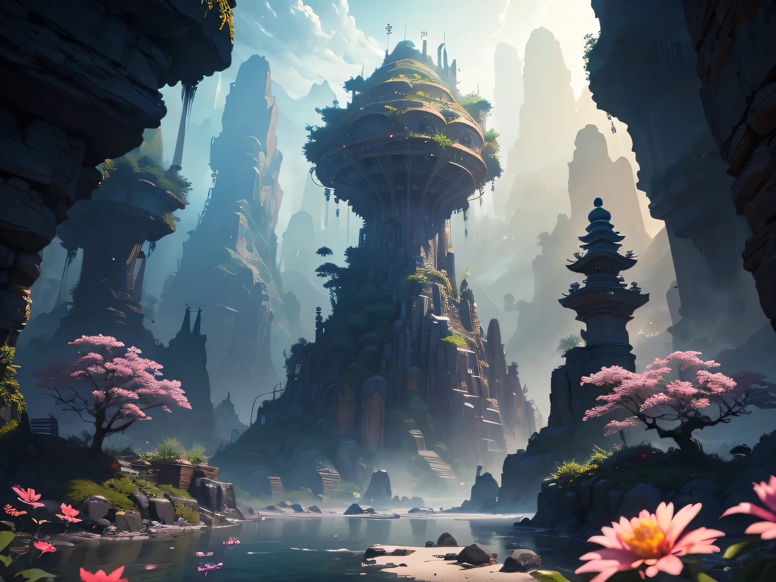 A surreal and exotic landscape，beautiful all around、Vibrant、Colorful。The screen shows strange alien flowers of various shapes and sizes.，and a rich variety of delicious alien fruits。highest image quality，Resolution is 4k or 8k，Capture every detail perfectly。The picture is extremely detailed，Presented in a realistic way，Bringing a truly immersive experience。This work combines illustration techniques and 3D rendering，Created a visually stunning、Works of great skill。Bright colors，Enhances the surreal feel of the landscape。The lighting design is very detailed，Demonstrates complex changes in light and shadow，Adds layer and depth to the scene。The work evokes curiosity and awe in the viewer，Taking the audience into a magical and surreal realm，Where the beauty of nature takes on a whole new meaning。